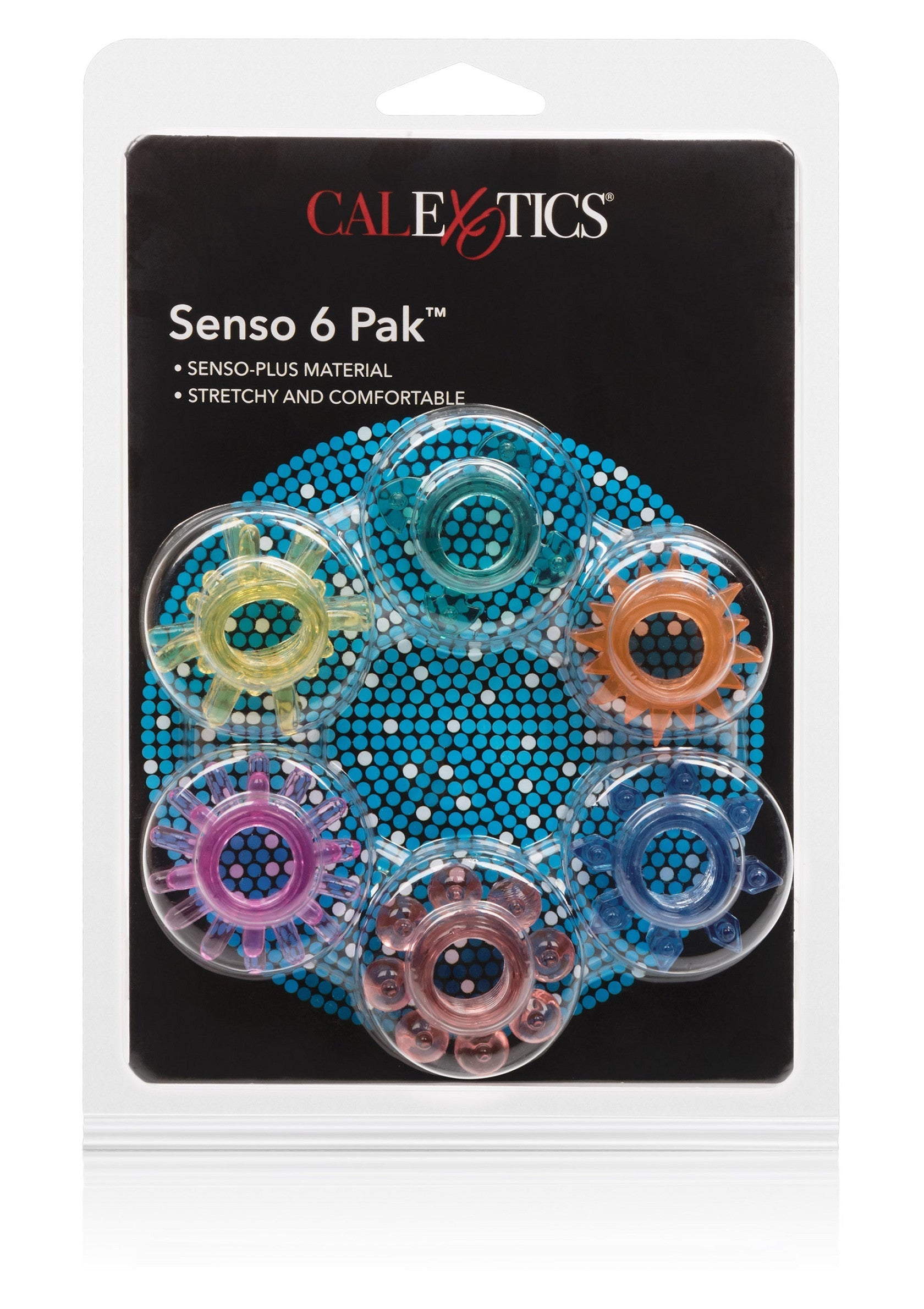CalExotics Senso 6 Pak™ : un ensemble de 6 anneaux péniens extensibles et confortables.; CalExotics Senso 6 Pak™: een set van 6 rekbare en comfortabele penisringen.; CalExotics Senso 6 Pak™: a set of 6 stretchy and comfortable penis rings.