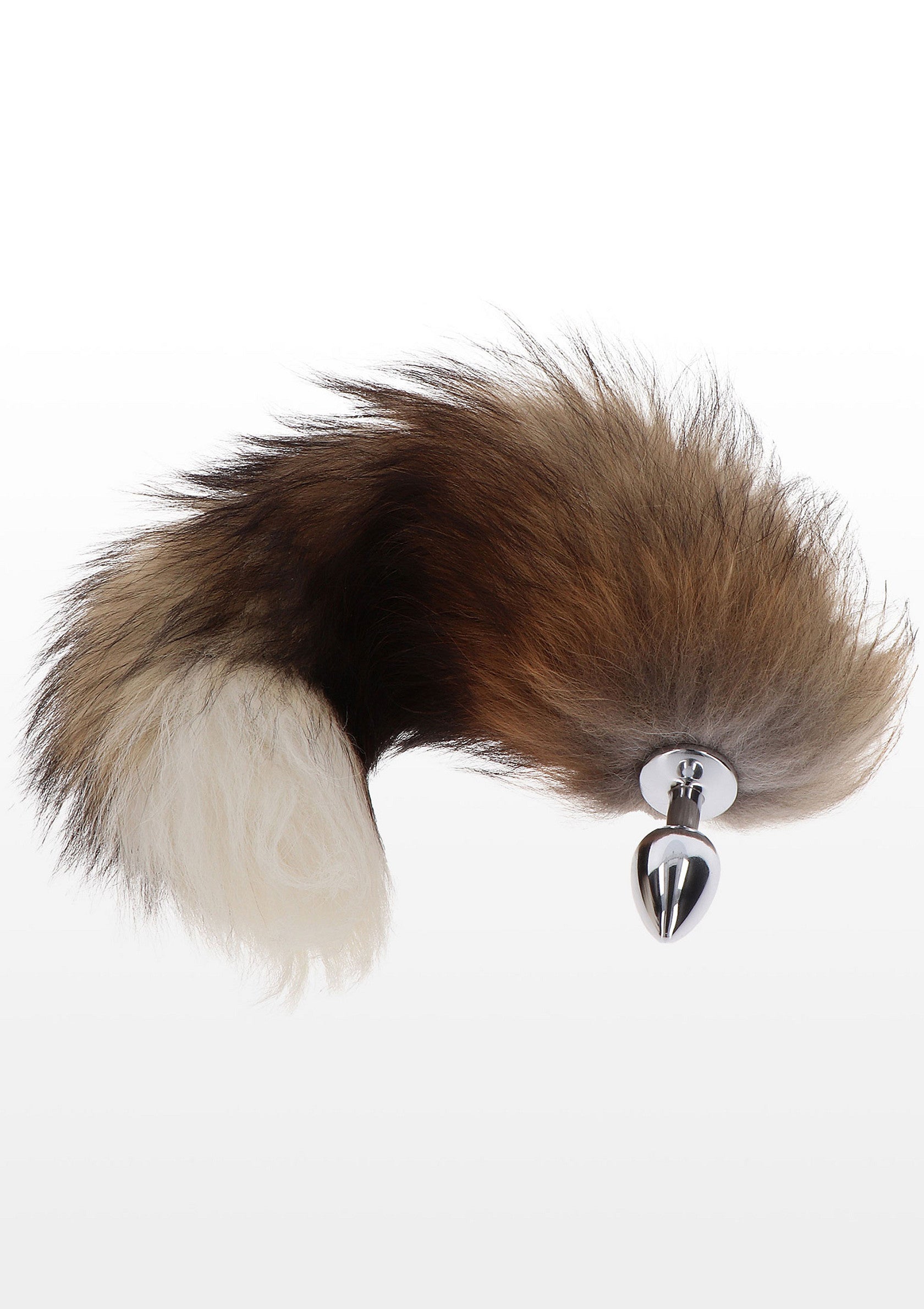 Queue de renard marron et blanche avec plug anal en métal pour adultes. Accessoire de jeu de rôle coquin.; Bruine en witte vossenstaart met metalen anale plug voor volwassenen. Stout rollenspel accessoire.; Brown and white fox tail with metal anal plug for adults. Naughty roleplay accessory.