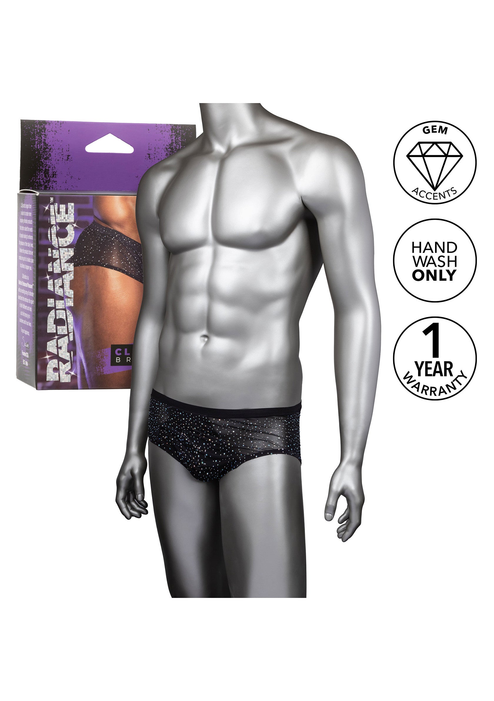 Slip pour homme noir scintillant. Sous-vêtement masculin élégant avec accents de gemmes.; Glitterende zwarte herenslip. Stijlvol herenondergoed met edelsteen accenten.; Sparkling black men's brief. Stylish mens underwear with gem accents.
