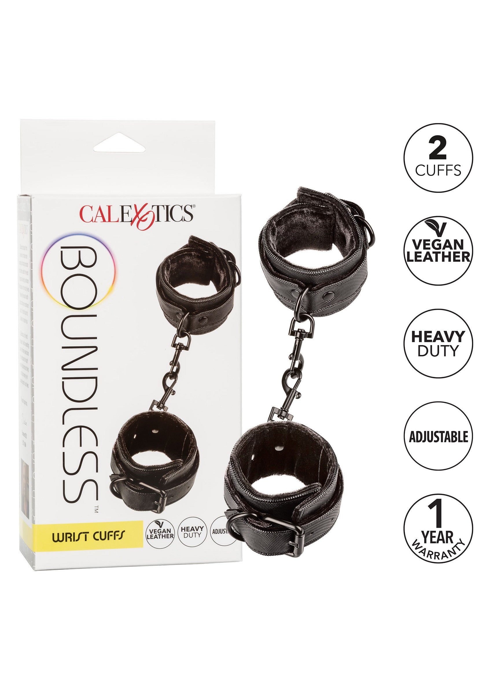 Menottes réglables en cuir vegan CalExotics Boundless. Robustes et confortables, pour un plaisir sans limites.; CalExotics Boundless verstelbare vegan lederen handboeien. Stevig en comfortabel, voor grenzeloos plezier.; CalExotics Boundless adjustable vegan leather wrist cuffs. Sturdy & comfy, for limitless fun. Heavy duty.