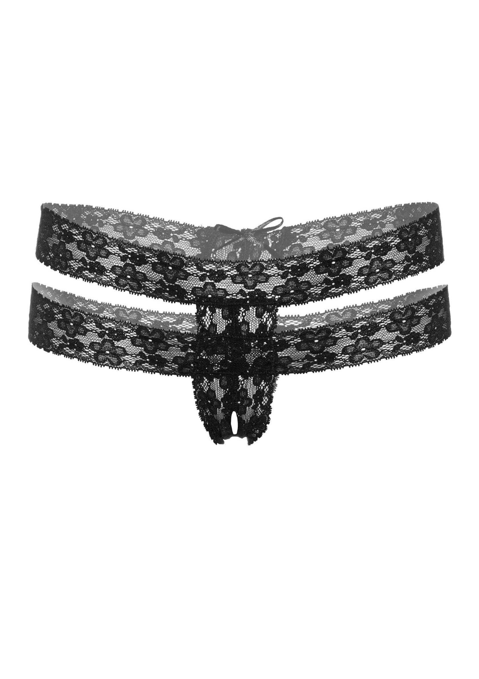 String en dentelle noire à double bande. Lingerie coquine, confortable et élégante.; Zwarte kanten string met dubbele band. Sexy lingerie, comfortabel en elegant.; Black lace double-strap thong. Sexy lingerie that's comfortable and elegant.