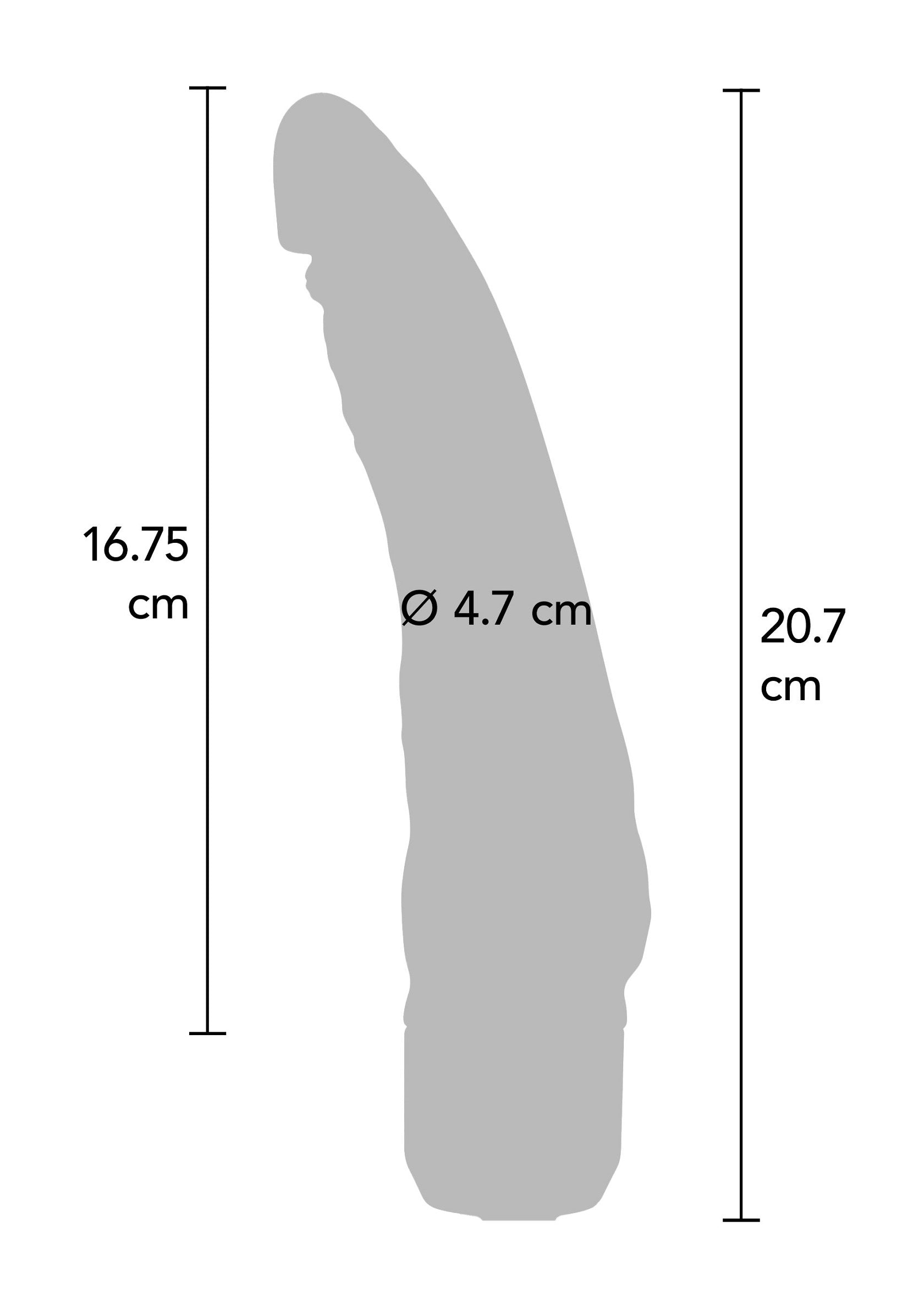 Diagramme détaillé d'un gode avec ses dimensions: 16.75cm de longueur, 20.7cm de hauteur et 4.7cm de diamètre.; Gedetailleerd diagram van een dildo met afmetingen: 16,75 cm lang, 20,7 cm hoog en 4,7 cm in diameter.; Detailed diagram of a dildo with dimensions: 16.75cm length, 20.7cm height, and 4.7cm diameter.