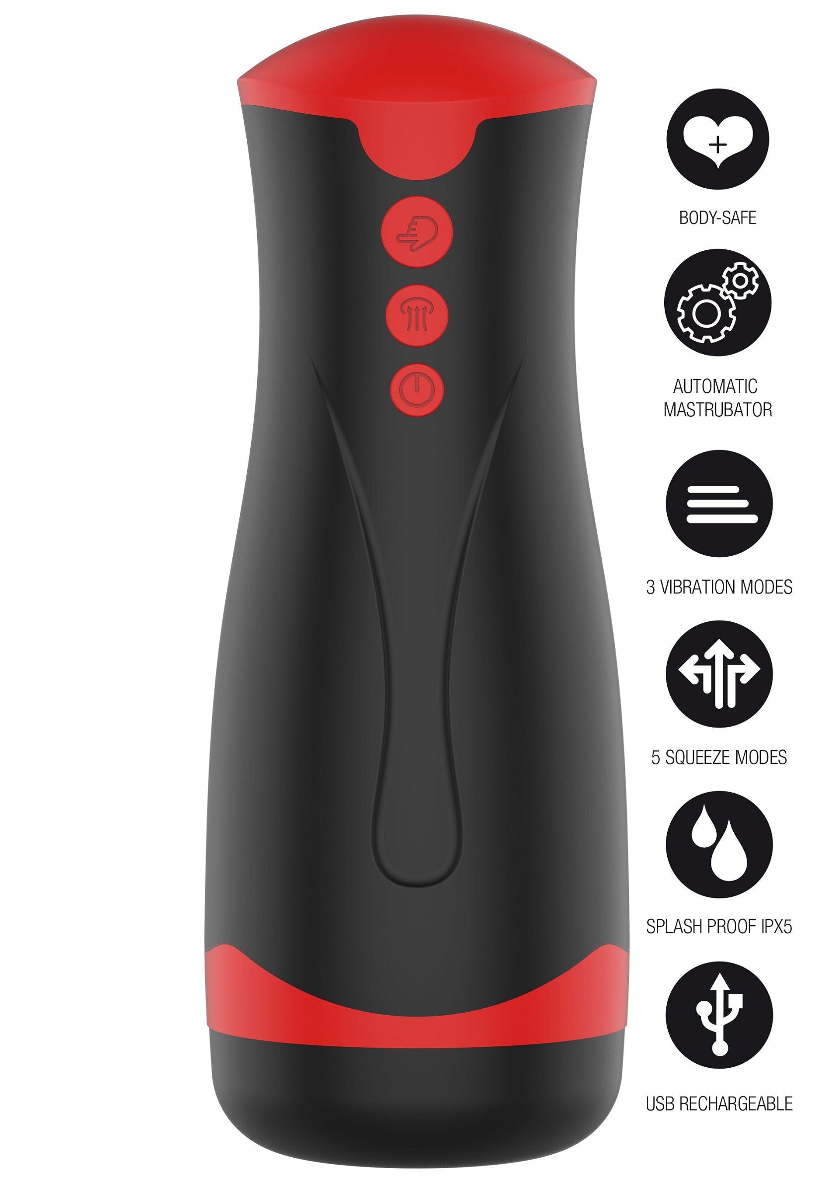 Masturbateur automatique noir et rouge avec différentes vitesses et modes de vibrations. Rechargeable par USB et étanche.; Zwarte en rode automatische masturbator met verschillende snelheden en vibratiestanden. USB oplaadbaar en waterdicht.; Black and red automatic masturbator with different speeds and vibration modes. USB rechargeable and waterproof.