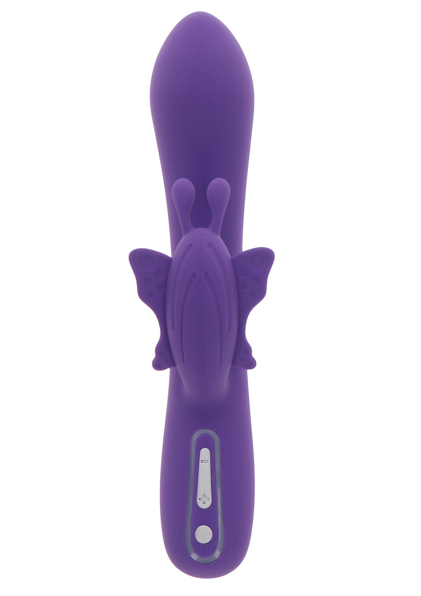 Vibromasseur violet avec motif papillon pour un plaisir sensuel.; Paarse vibrator met vlinderontwerp voor sensueel genot.; Purple vibrator featuring a butterfly design for sensual pleasure.