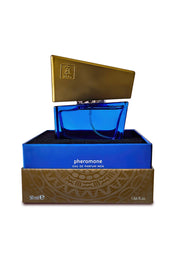 Parfum pour homme Pheromone. Flacon bleu avec bouchon doré.; Pheromone parfum voor mannen. Blauw flesje met gouden dop.; Pheromone cologne for men. Blue bottle with gold cap.