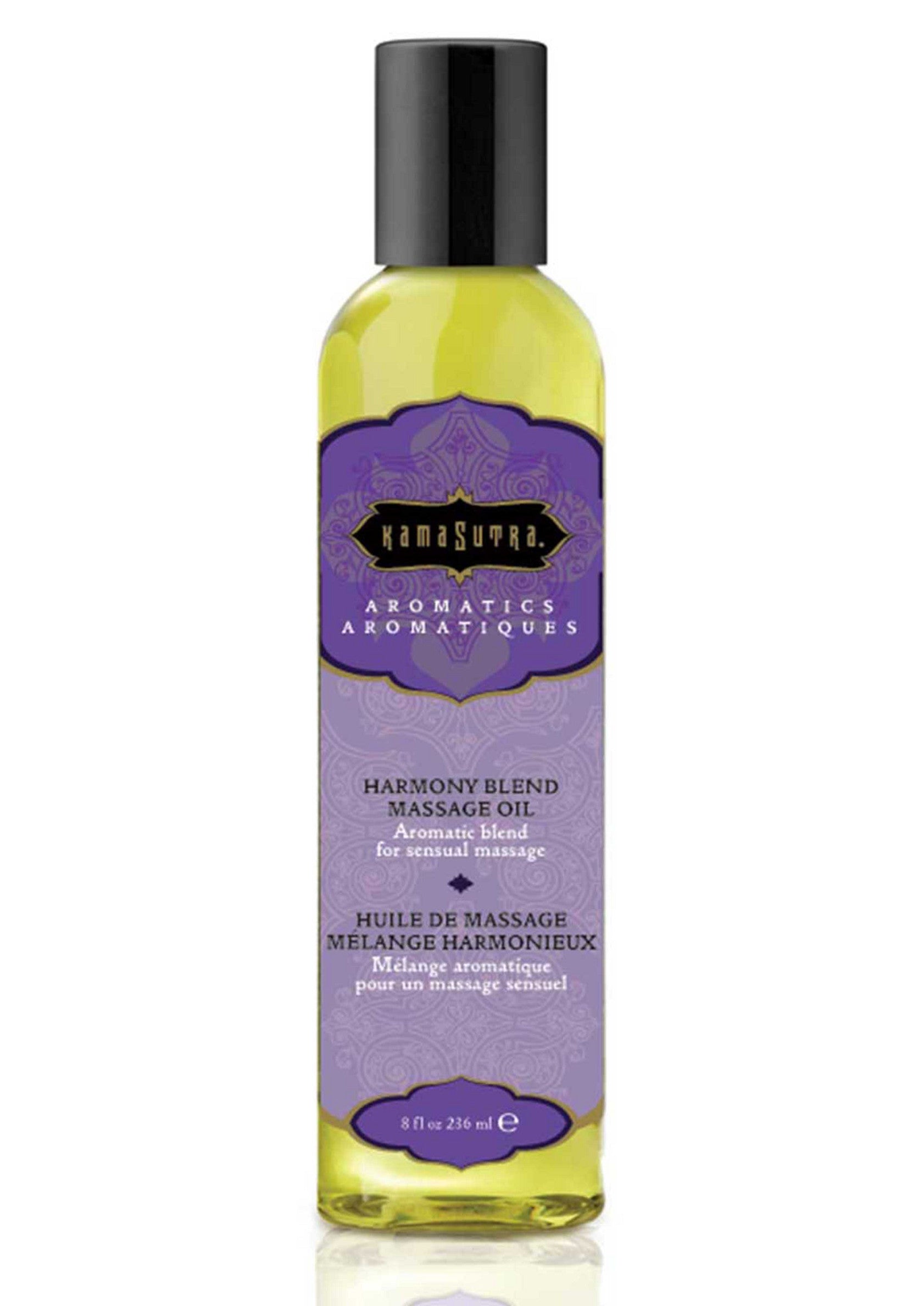 Huile de massage Kamasutra Mélange Harmonieux. Huile aromatique pour un massage sensuel. 236ml; Kamasutra Harmony Blend massageolie. Aromatische olie voor een sensuele massage. 236ml; Kamasutra Harmony Blend massage oil. Aromatic oil for sensual massage. 8 fl oz 236ml