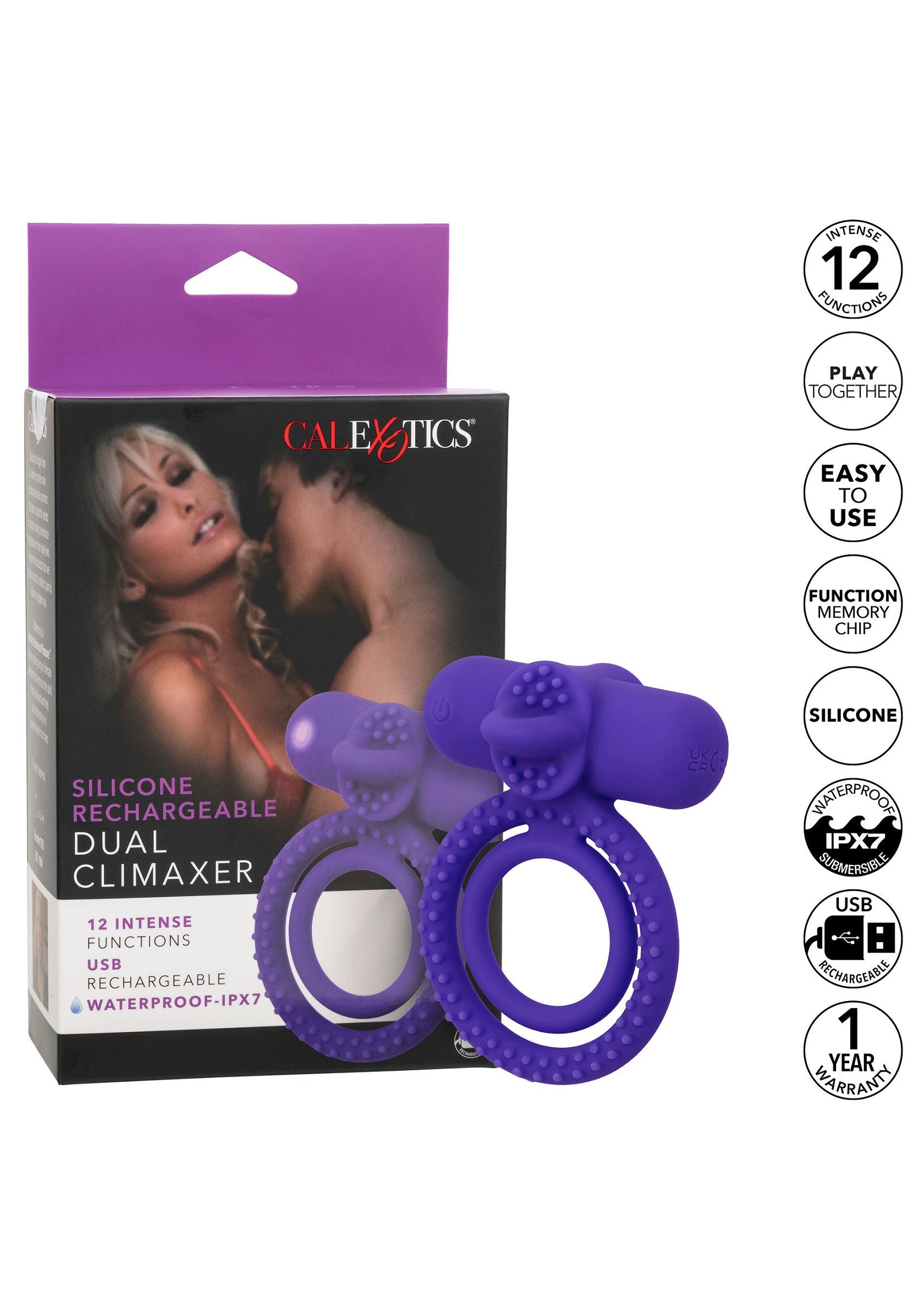 Anneau vibrant double Climaxer en silicone rechargeable USB pour des sensations intenses à deux.; USB oplaadbare siliconen Dual Climaxer vibrerende ring voor intense sensaties voor beiden.; USB Rechargeable Silicone Dual Climaxer Vibrating Ring for intense sensations for both.