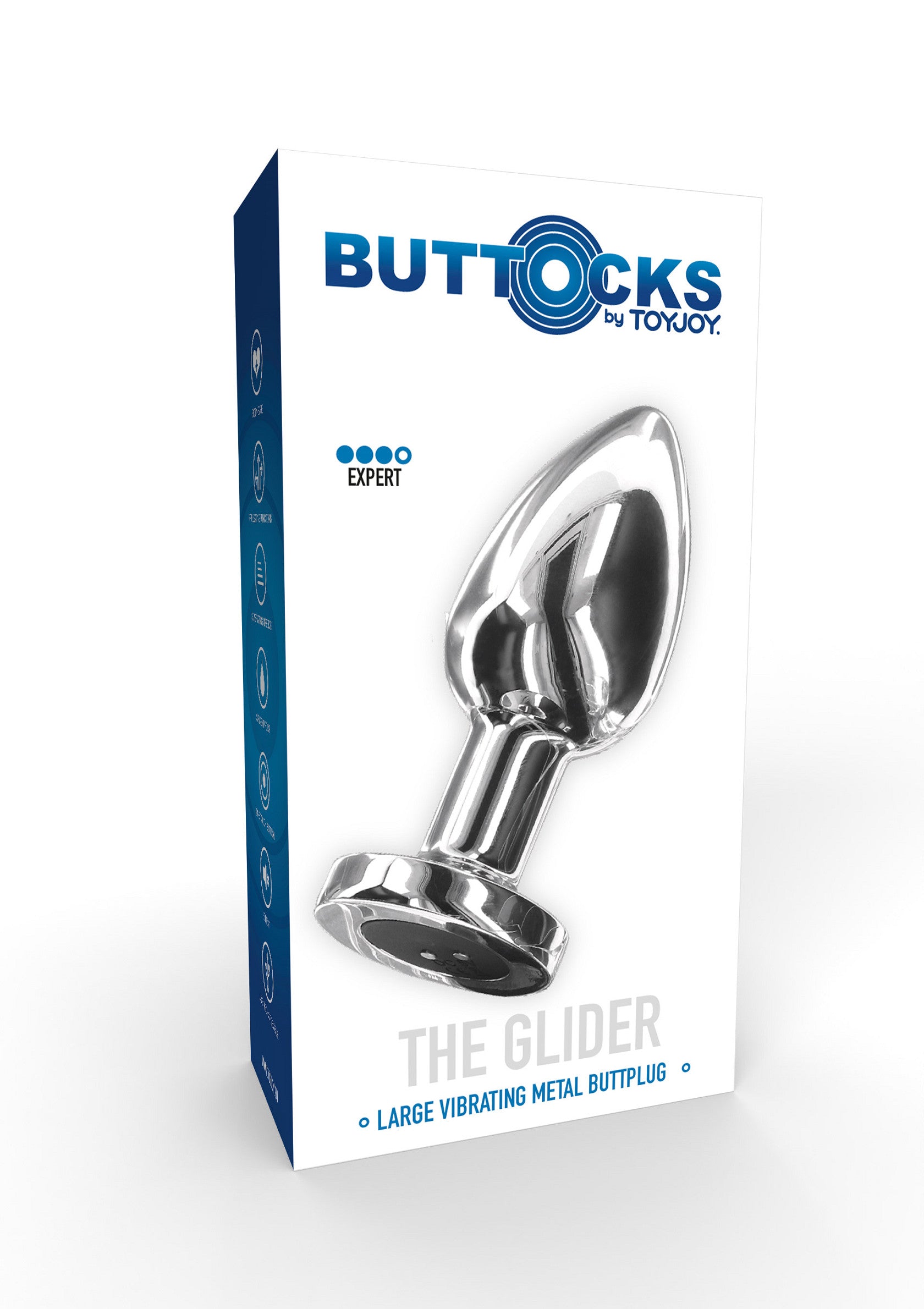 Buttocks The Glider par Toyjoy : plug anal vibrant en métal. Jouet pour adultes de qualité supérieure.; Buttocks The Glider van Toyjoy: vibrerende metalen buttplug. Topkwaliteit speeltje voor volwassenen.; Buttocks The Glider by Toyjoy: vibrating metal butt plug. High-quality adult toy for expert use.