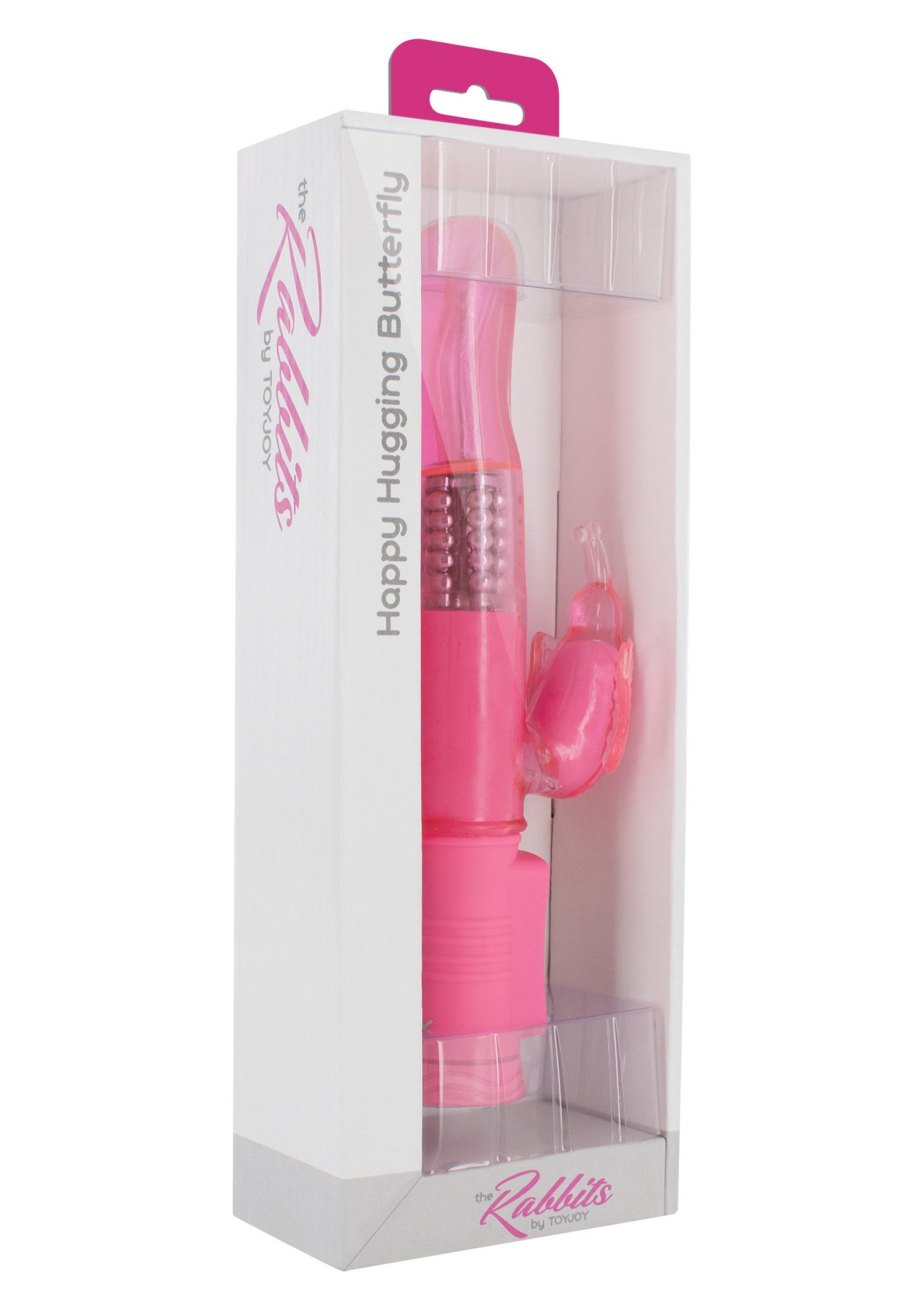 Masseur personnel Rabbits Happy Hugging Butterfly rose en boîte. Plaisir intense garanti!; Roze Rabbits Happy Hugging Butterfly vibrator in verpakking. Intense genot gegarandeerd!; Pink Rabbits Happy Hugging Butterfly personal massager in box. Intense pleasure guaranteed!
