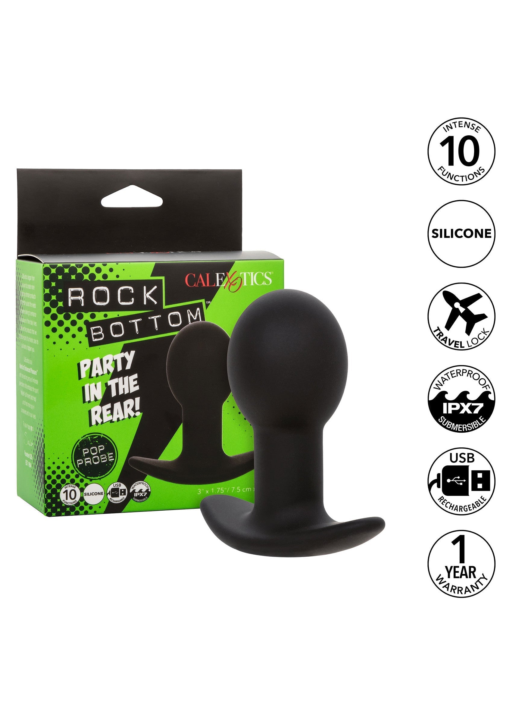 Plug anal noir vibrant Rock Bottom de CalExotics. 10 fonctions, en silicone, rechargeable USB et étanche IPX7.; Zwarte vibrerende anaalplug Rock Bottom van CalExotics. 10 functies, gemaakt van siliconen, USB oplaadbaar en IPX7 waterdicht.; Black vibrating Rock Bottom anal plug from CalExotics. 10 functions, silicone, USB rechargeable and IPX7 waterproof.