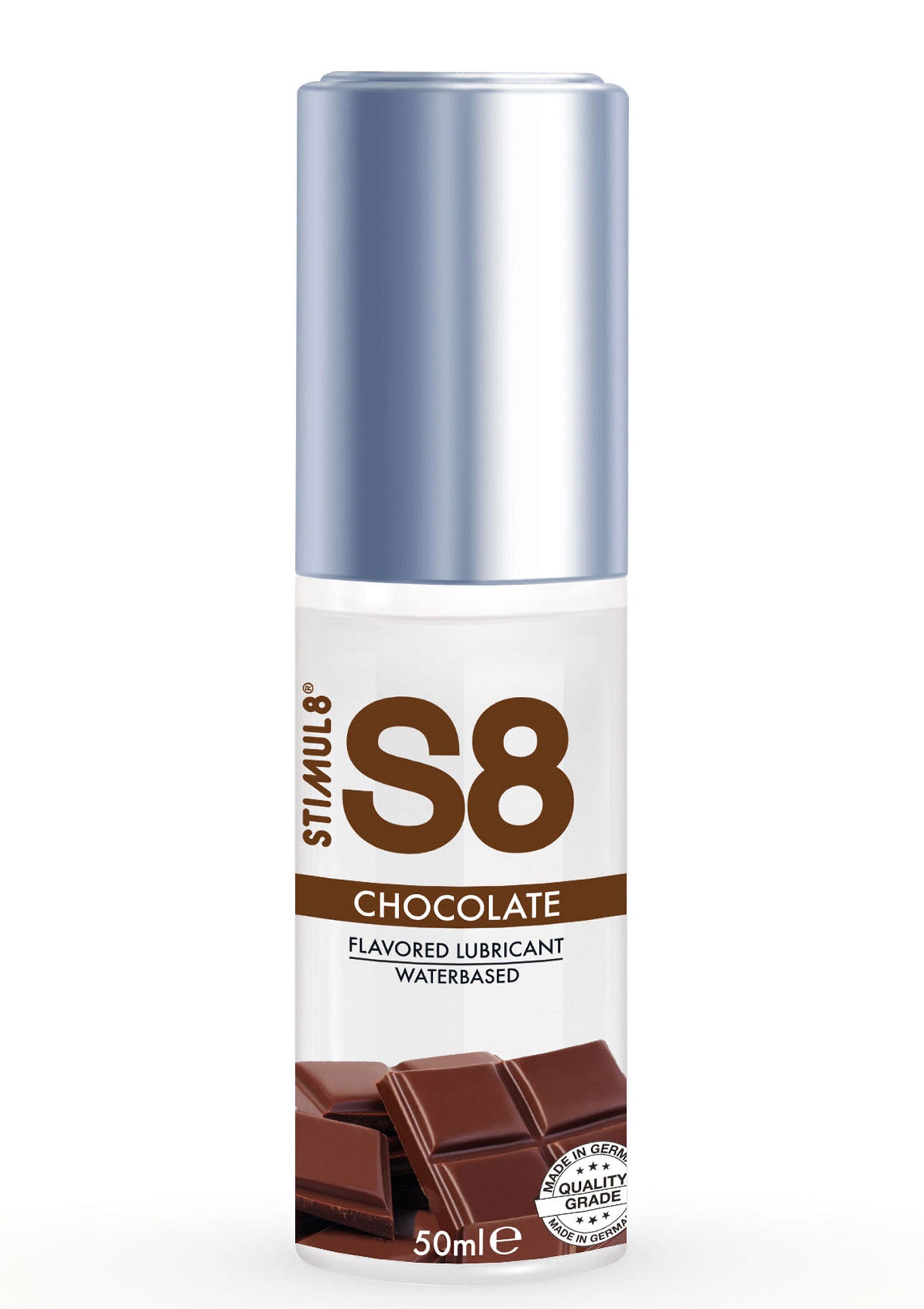 Lubrifiant aromatisé au chocolat Stimul8 S8. Base aqueuse, 50ml.; Stimul8 S8 glijmiddel met chocoladesmaak. Waterbasis, 50ml.; Stimul8 S8 chocolate flavored lubricant. Water-based, 50ml.