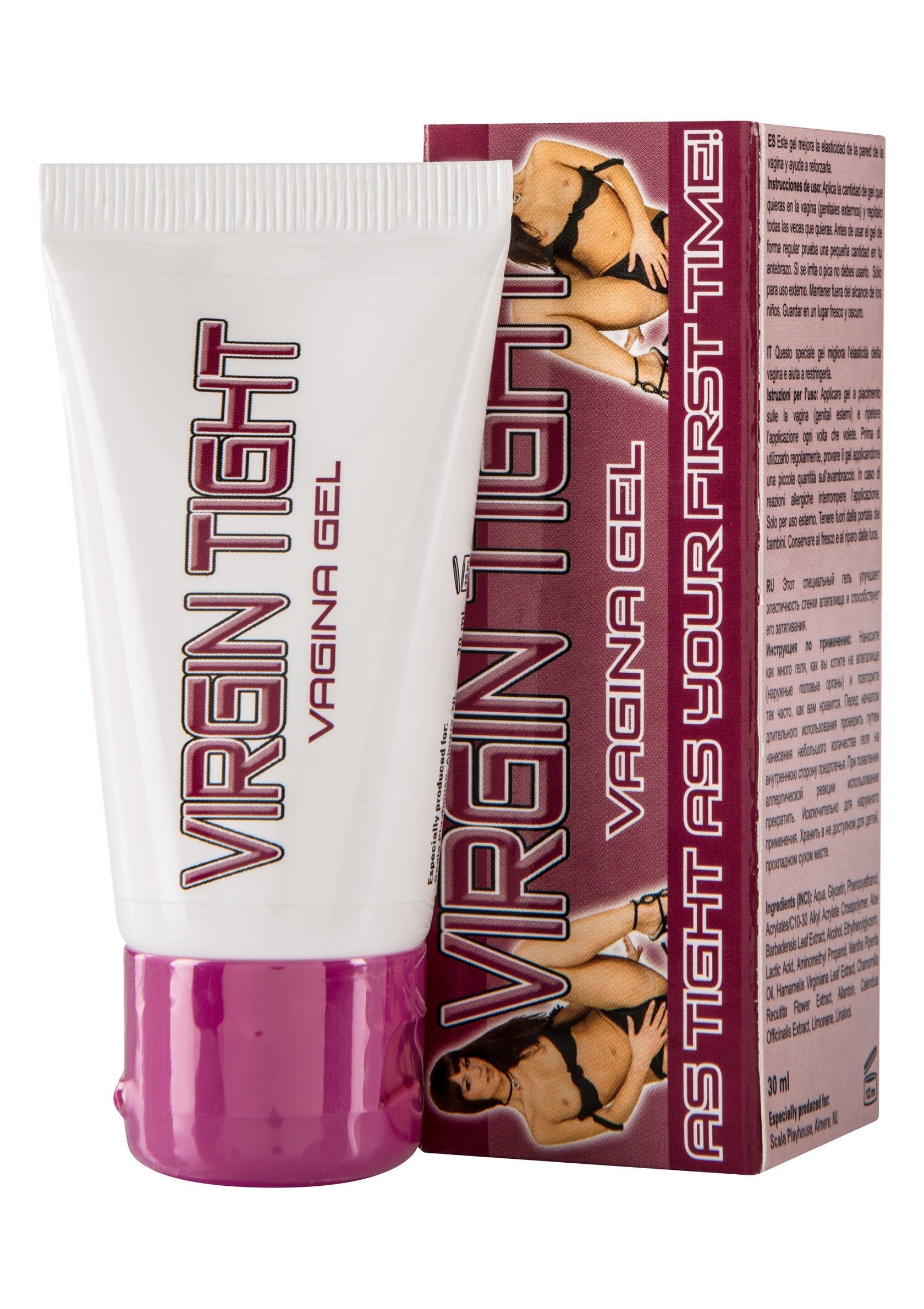 Gel vaginal raffermissant Virgin Tight. Retrouvez la sensation de votre première fois. Discrétion assurée.; Virgin Tight verstevigende vaginale gel. Herbeleef het gevoel van de eerste keer. Discrete verzending.; Virgin Tight vagina tightening gel. Regain the feeling of your first time. Discreet shipping.