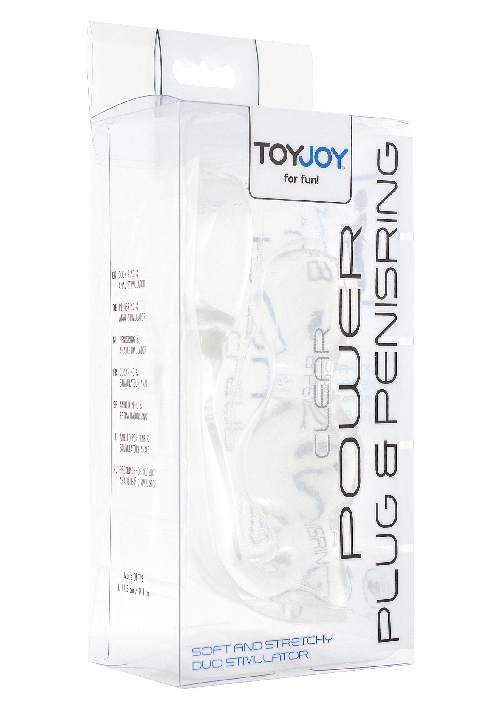 ToyJoy Clear Power Plug & Penisring pour le plaisir. Stimulateur Duo souple et extensible.; ToyJoy Clear Power Plug & Penisring voor plezier. Zachte en rekbare Duo stimulator.; ToyJoy Clear Power Plug & Penisring for fun. Soft and stretchy Duo stimulator.