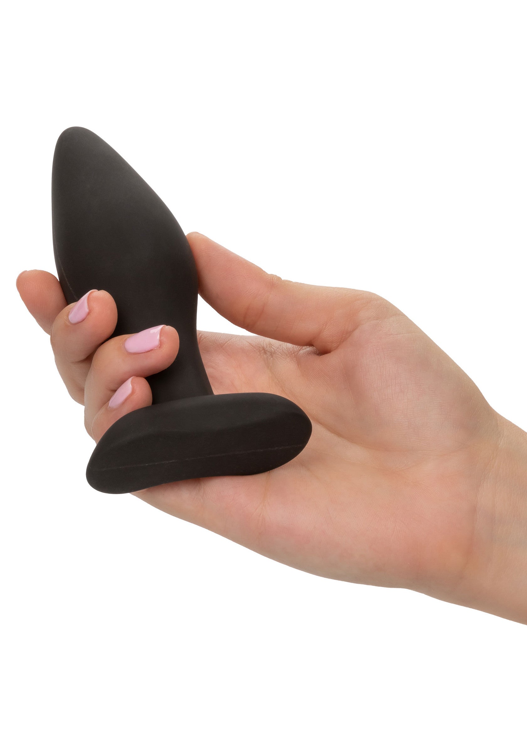 Plug anal noir lisse tenu dans une main. Découvrez le plaisir anal discret et confortable.; Gladde zwarte anale plug in een hand. Ontdek discreet, comfortabel anaal genot.; Smooth black anal plug held in hand. Discover discreet, comfortable anal pleasure.