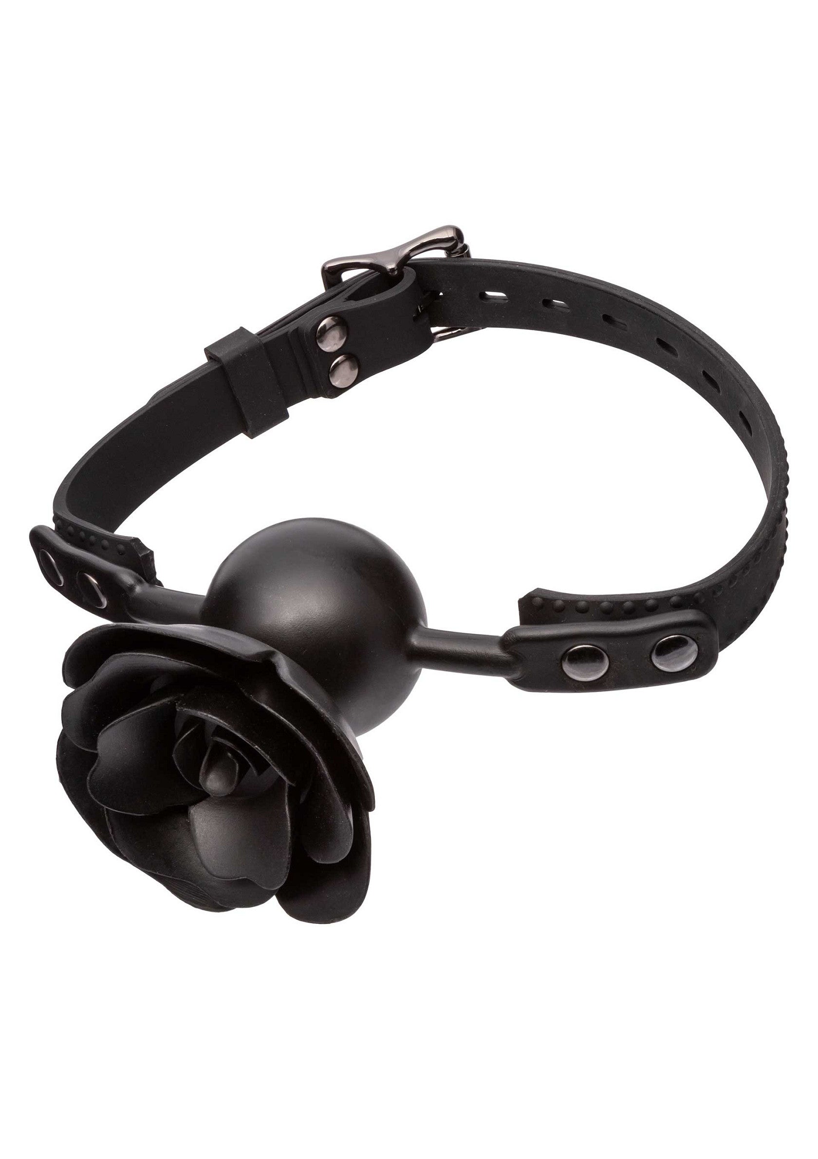 Bâillon boule noir orné d'une rose, parfait pour le bondage et les jeux de soumission. Élégant et audacieux.; Zwarte knevel met roos, perfect voor bondage en onderwerping spelletjes. Elegant en uitdagend.; Black ball gag with rose, perfect for bondage and submission games. Elegant and daring.