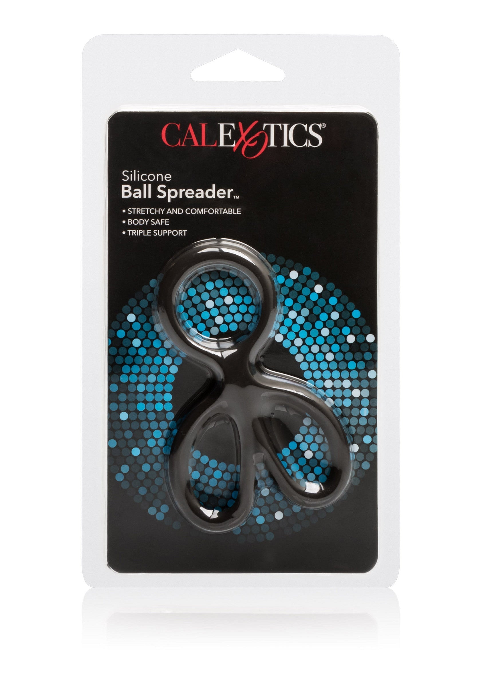 Écarteur de testicules en silicone CalExotics. Élastique, confortable et sûr pour le corps. Soutien triple.; CalExotics Silicone Ball Spreider. Rekbaar, comfortabel en veilig voor het lichaam. Driedubbele ondersteuning.; CalExotics Silicone Ball Spreader. Stretchy, comfortable and body safe. Triple support.