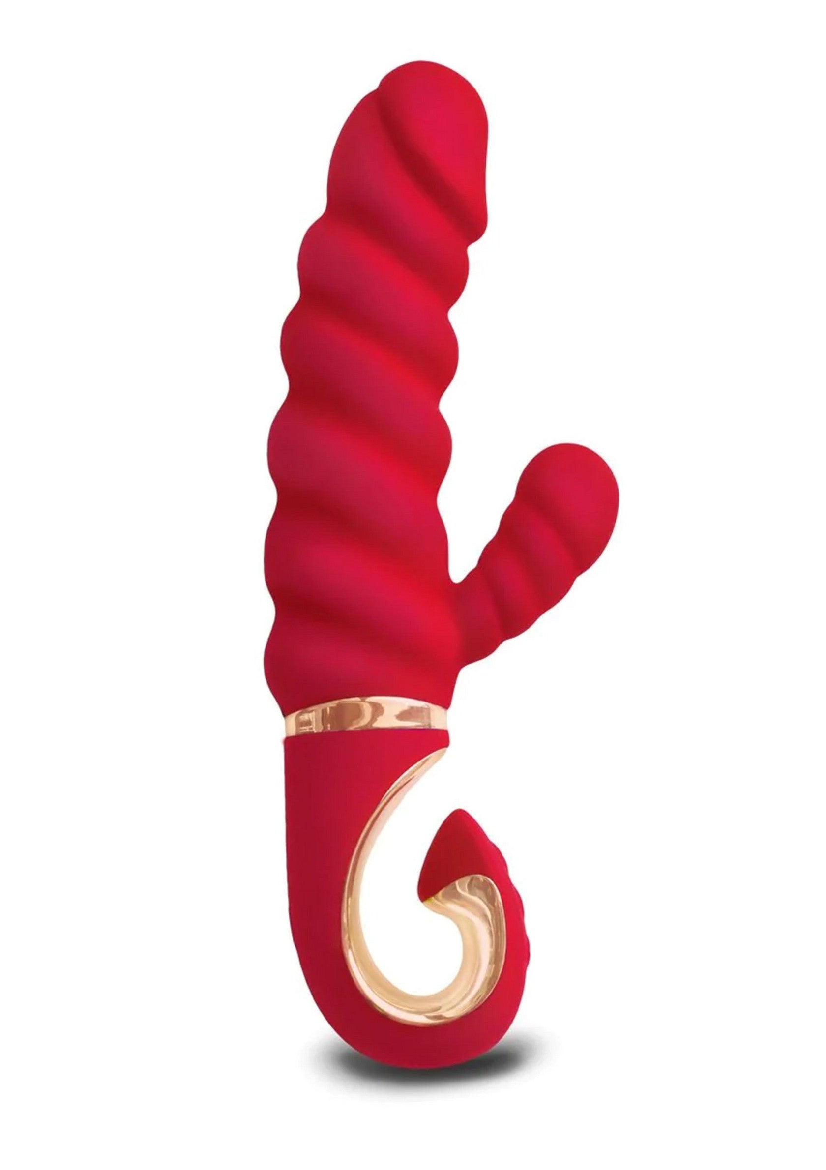 Vibromasseur rouge avec des spirales et une forme ergonomique pour une expérience sensuelle.; Rode vibrator met spiralen en ergonomische vorm voor een sensuele ervaring.; Red vibrator with spirals and ergonomic shape for a sensual experience.