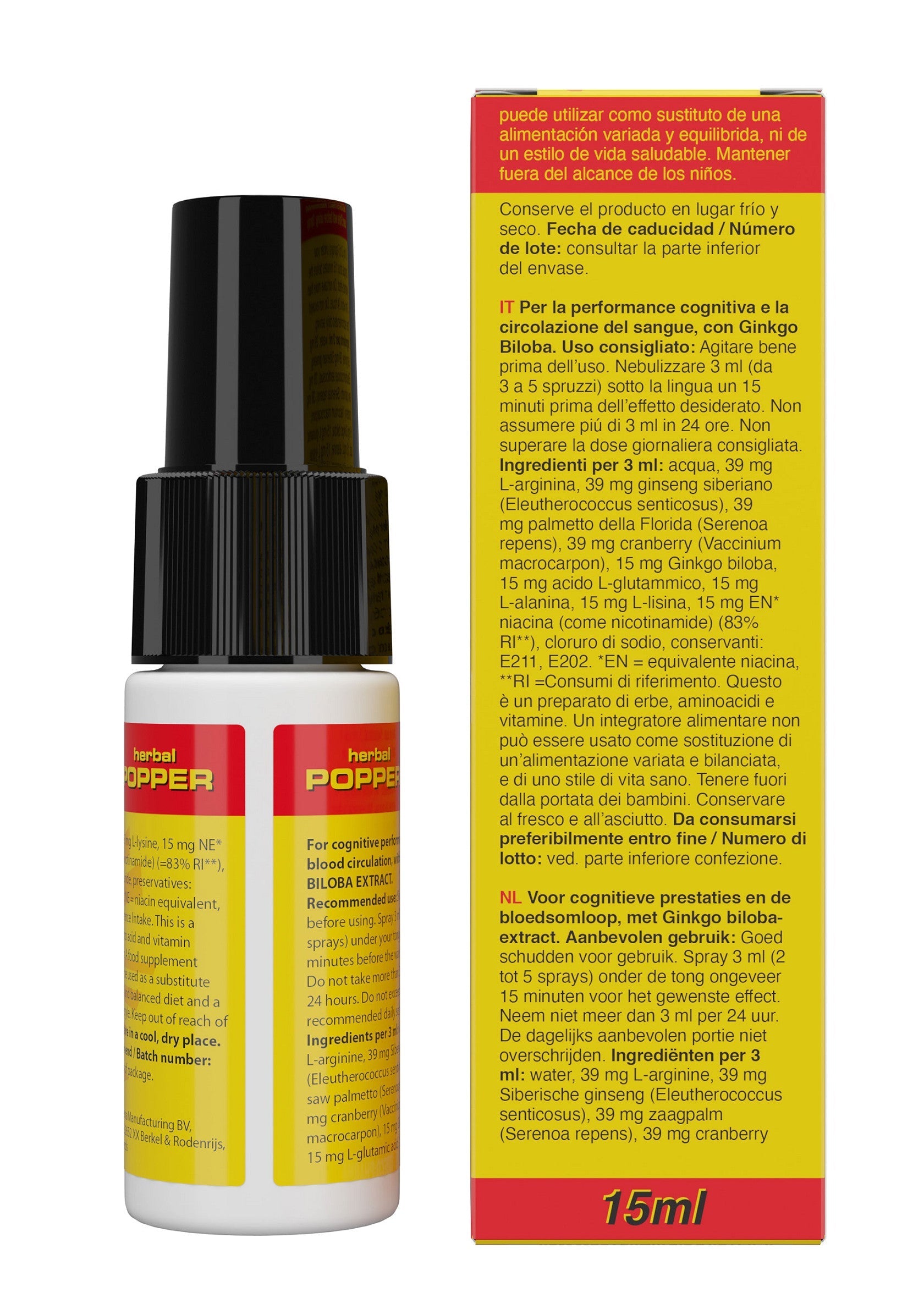Spray buccal Herbal Popper pour performances cognitives et circulation sanguine. Contient du ginkgo biloba. 15ml.; Herbal Popper mondspray voor cognitieve prestaties en bloedsomloop. Met ginkgo biloba extract. 15ml.; Herbal Popper oral spray for cognitive function and blood circulation. Contains ginkgo biloba extract. 15ml
