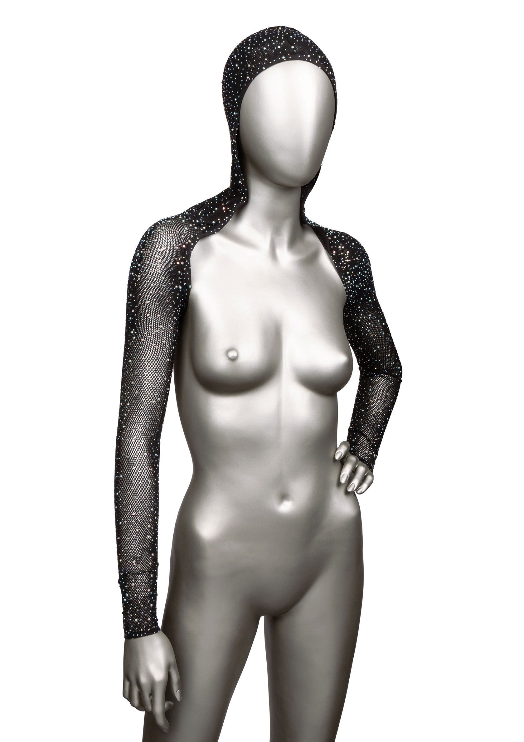 Mannequin portant un haut à capuche résille noire orné de strass brillants, idéal pour une allure audacieuse.; Mannequin met zwarte mesh top met capuchon, versierd met glinsterende strass steentjes, perfect voor een gedurfde look.; Mannequin wearing a black mesh hooded top adorned with sparkling rhinestones, perfect for a daring look.