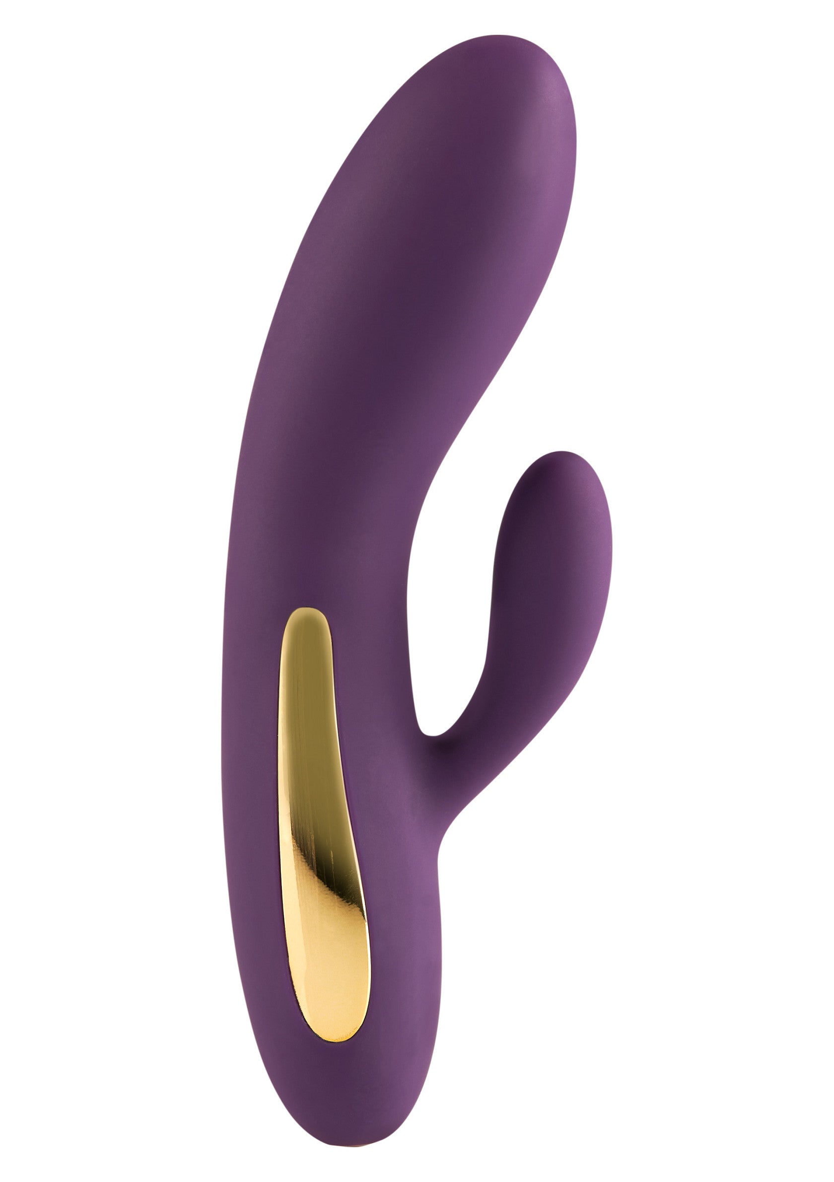 Vibromasseur violet élégant avec accent doré pour le plaisir personnel.; Stijlvolle paarse vibrator met gouden accent voor persoonlijk plezier.; Sleek purple vibrator with a gold accent for personal pleasure.