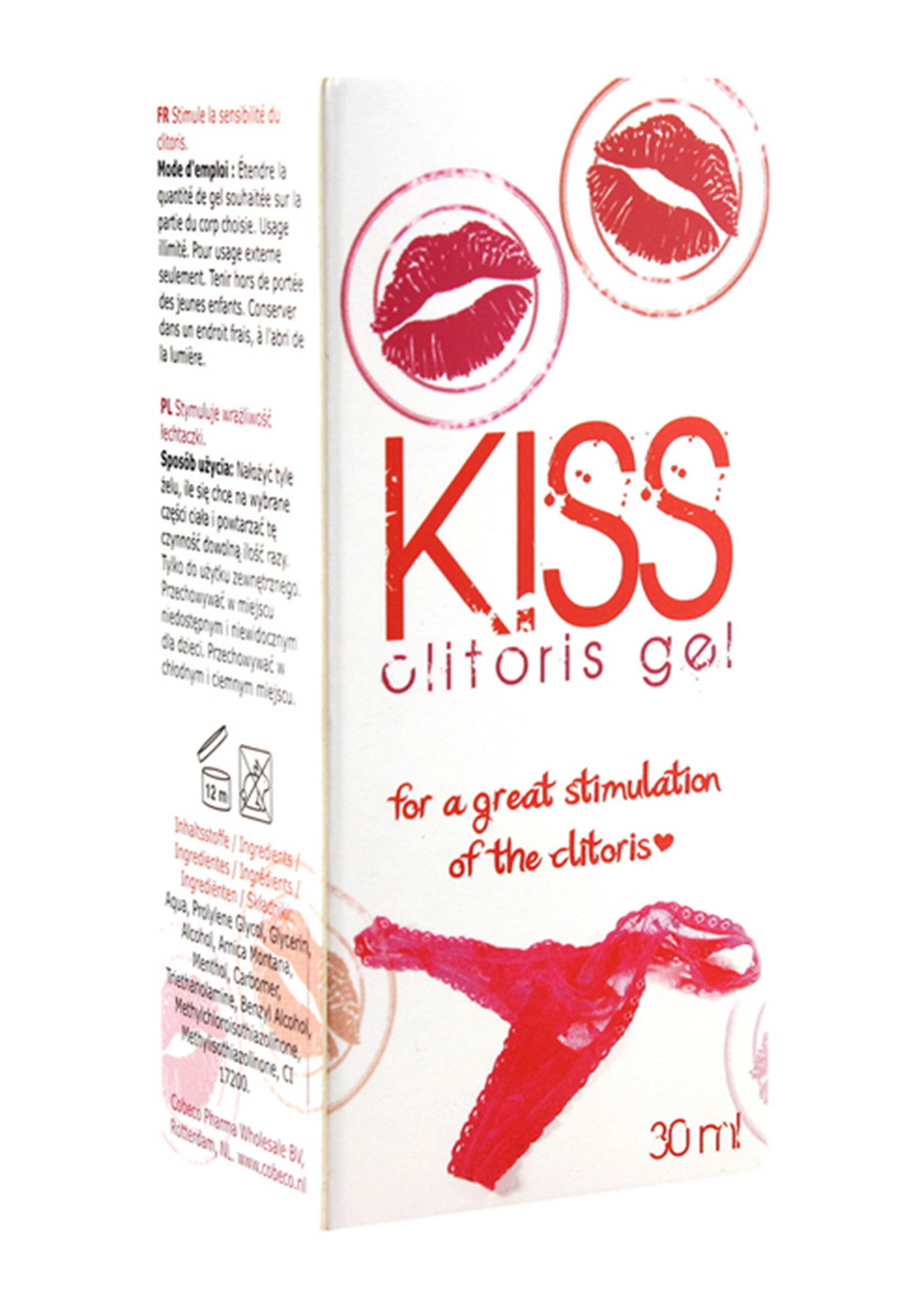 Kiss Clitoris Gel pour une stimulation intense. Un plaisir garanti avec ce gel stimulant!; Kiss Clitoris Gel voor intense stimulatie. Gegarandeerd genot met deze stimulerende gel!; Kiss Clitoris Gel for intense stimulation. Guaranteed pleasure with this stimulating gel!