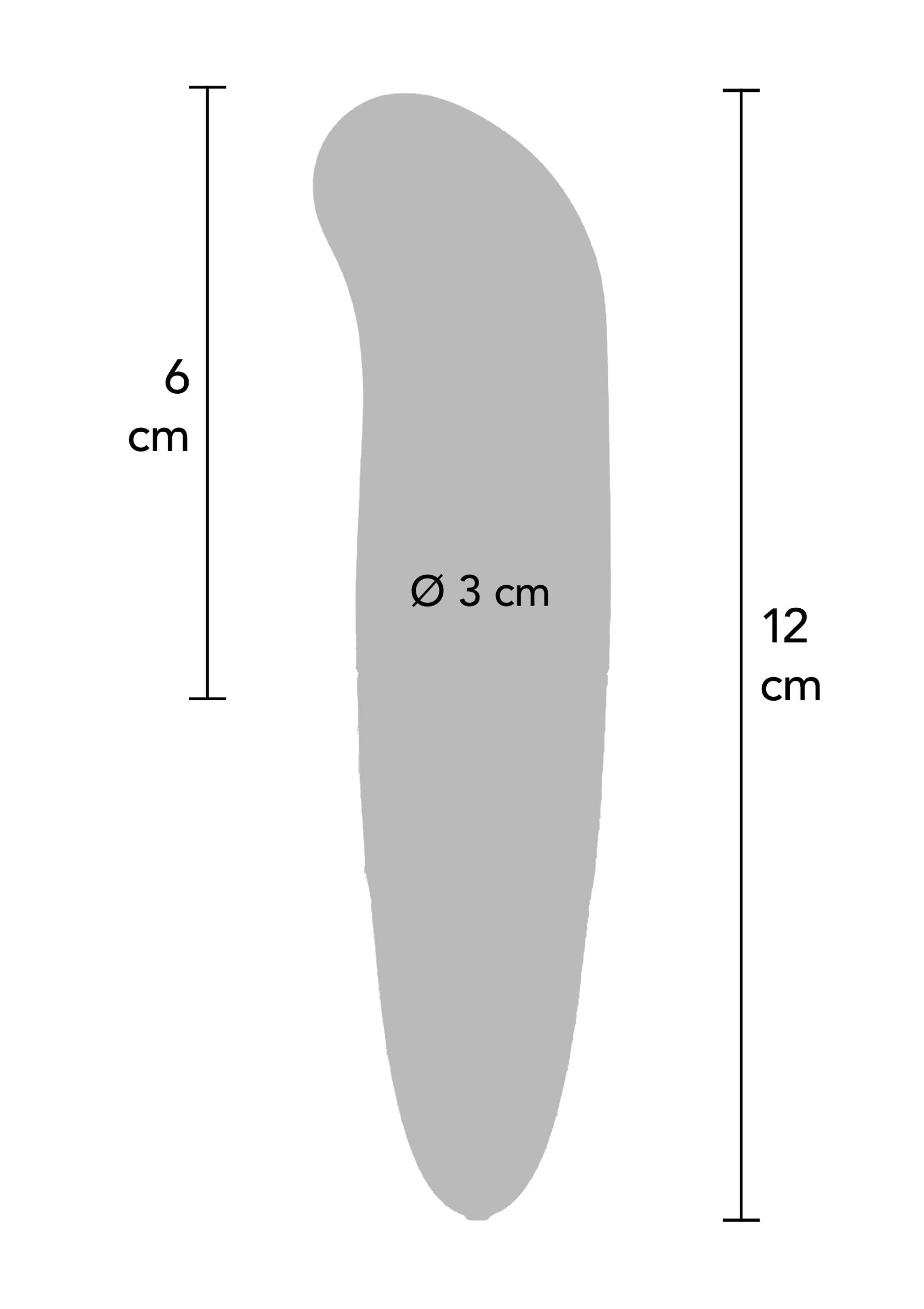 Diagramme dimensionnel d'un outil de beauté ou d'un ustensile avec des mesures de 6 cm et 12 cm.; Dimensionale diagram van een beauty tool of keukengerei met afmetingen van 6 cm en 12 cm.; Dimensional diagram of a beauty tool or utensil with measurements of 6 cm and 12 cm.