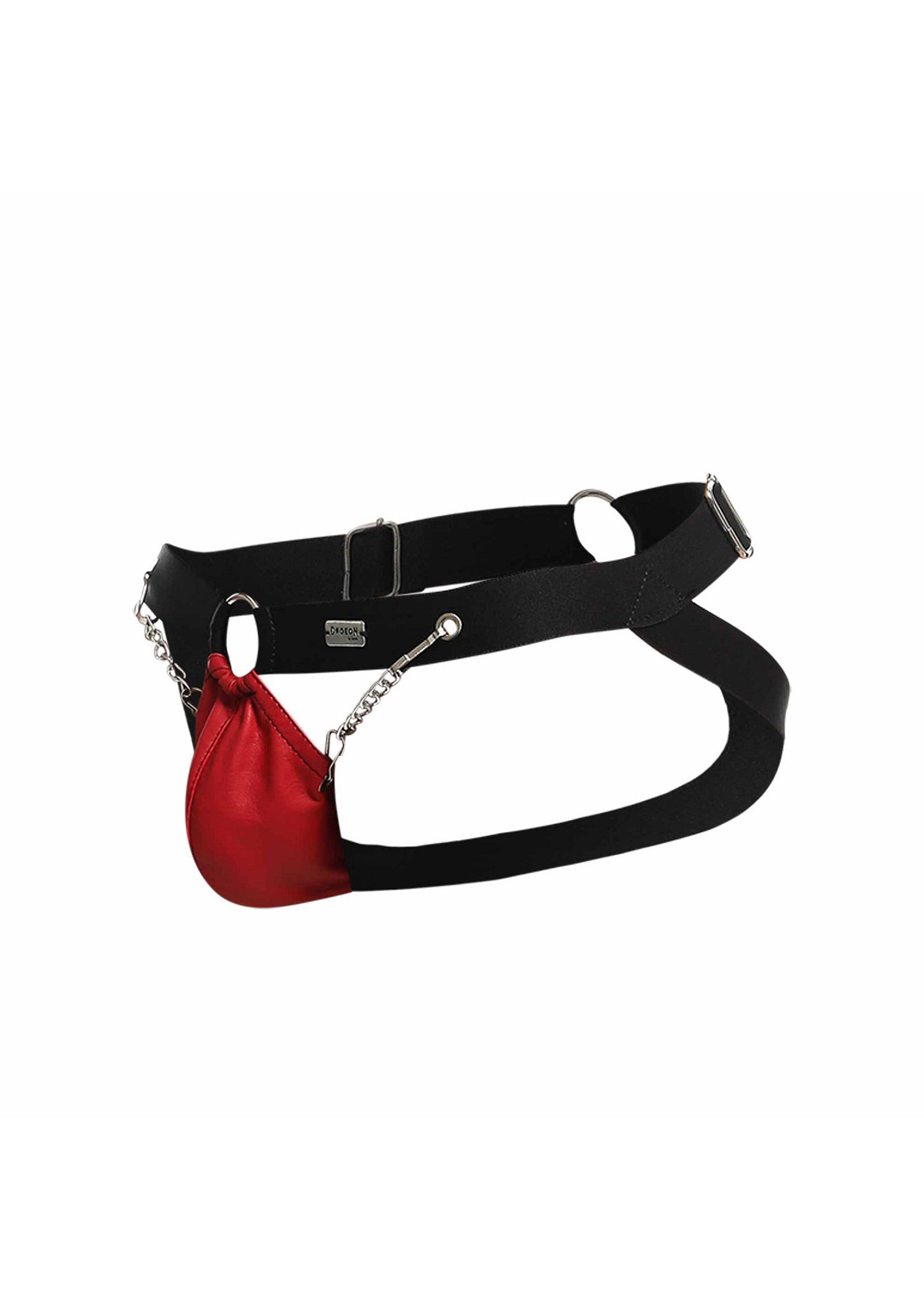 Jockstrap noir et rouge avec chaîne métallique pour homme. Lingerie masculine, sous-vêtements sexy.; Zwarte en rode jockstrap met metalen ketting voor mannen. Herenlingerie, sexy ondergoed.; Black and red jockstrap with metal chain for men. Men's lingerie, sexy underwear.