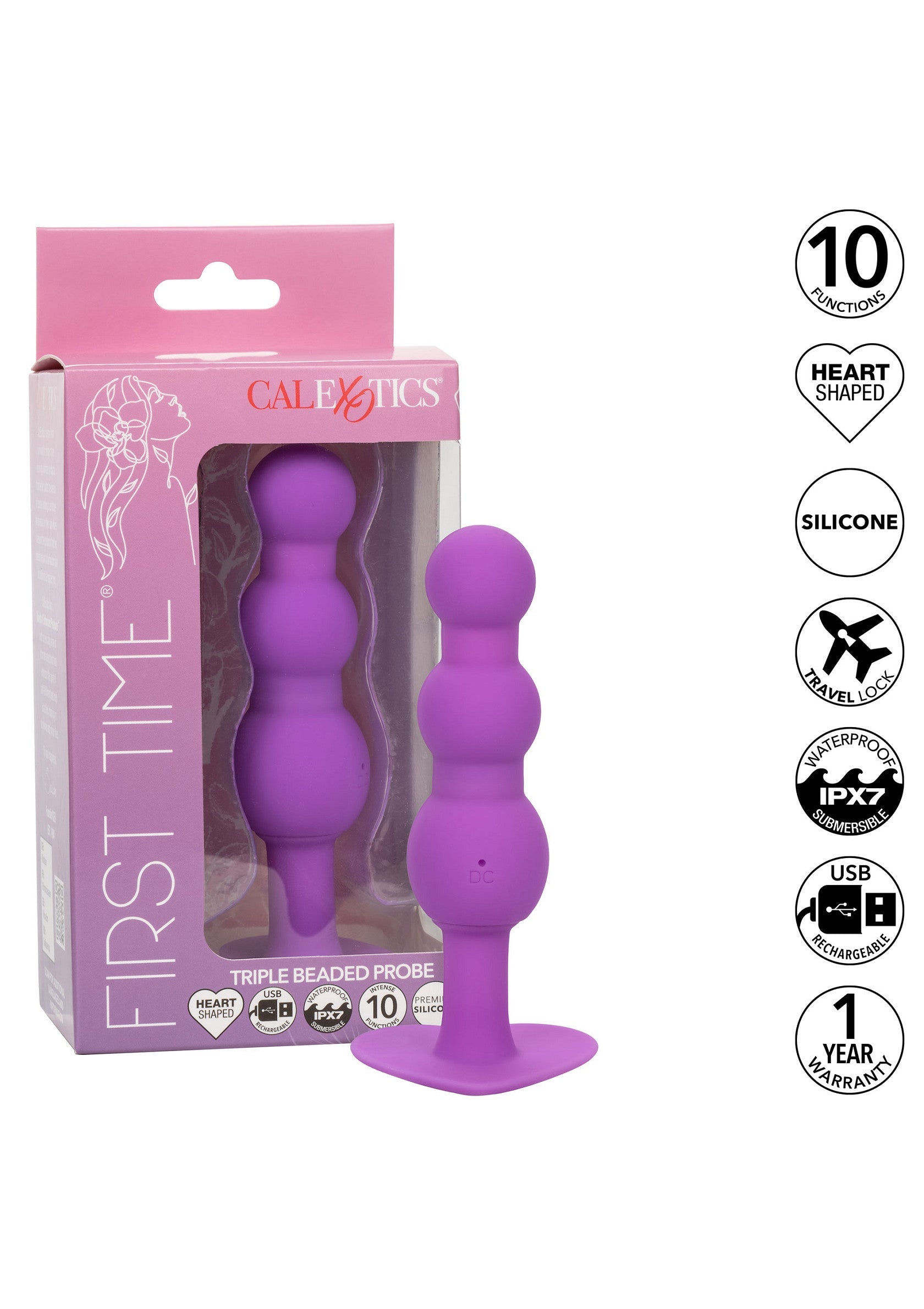 Sonde anale violette à triple billes CalExotics First Time. Jouet en silicone rechargeable par USB avec 10 fonctions.; Paarse CalExotics First Time triple beaded anale plug. USB oplaadbaar siliconen speeltje met 10 functies.; Purple CalExotics First Time triple beaded anal probe. USB rechargeable silicone toy with 10 functions.