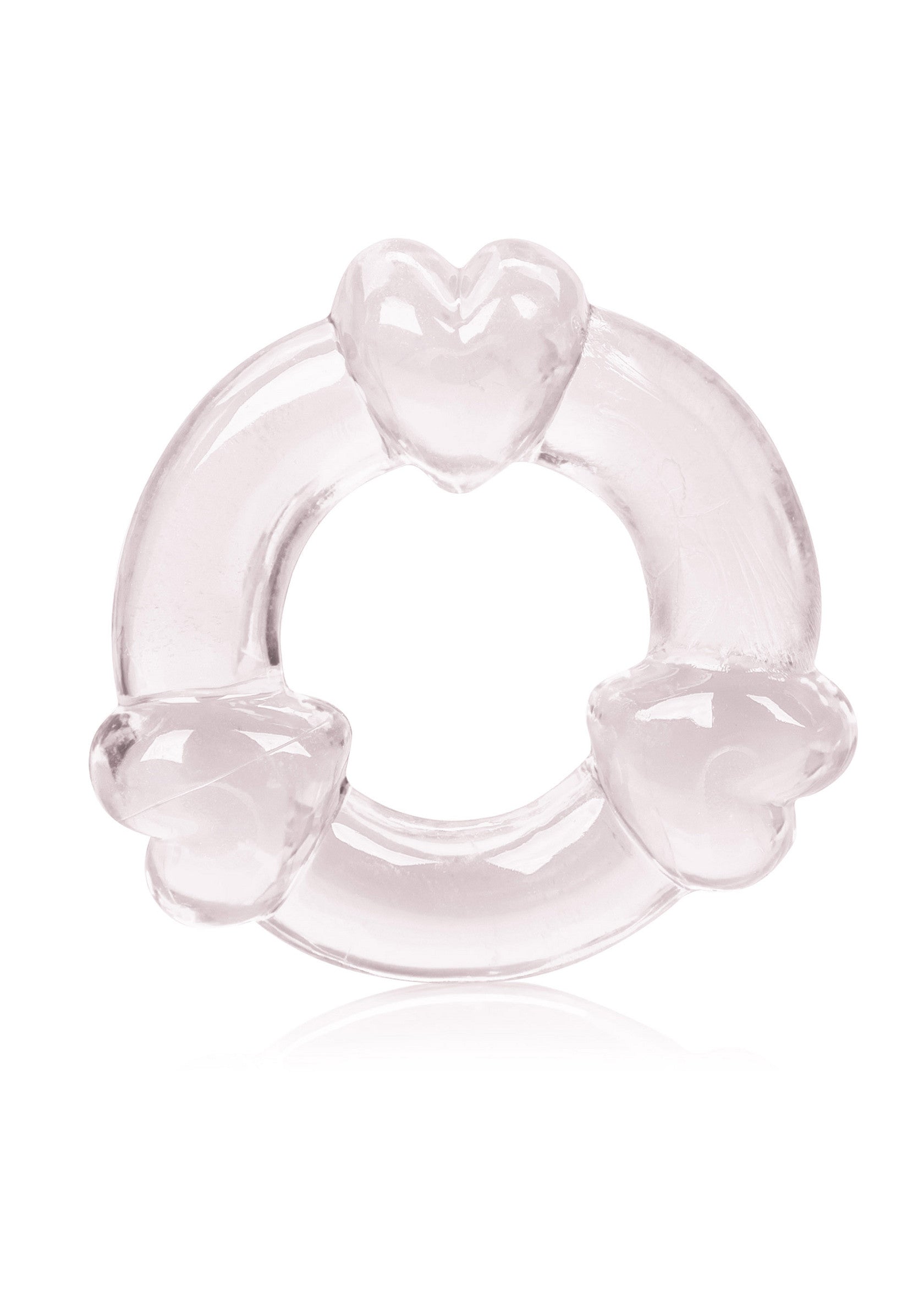 Anneau pénien transparent orné de cœurs pour un plaisir intense.; Transparante penisring versierd met hartjes voor intens plezier.; Clear cock ring adorned with hearts for intense pleasure.