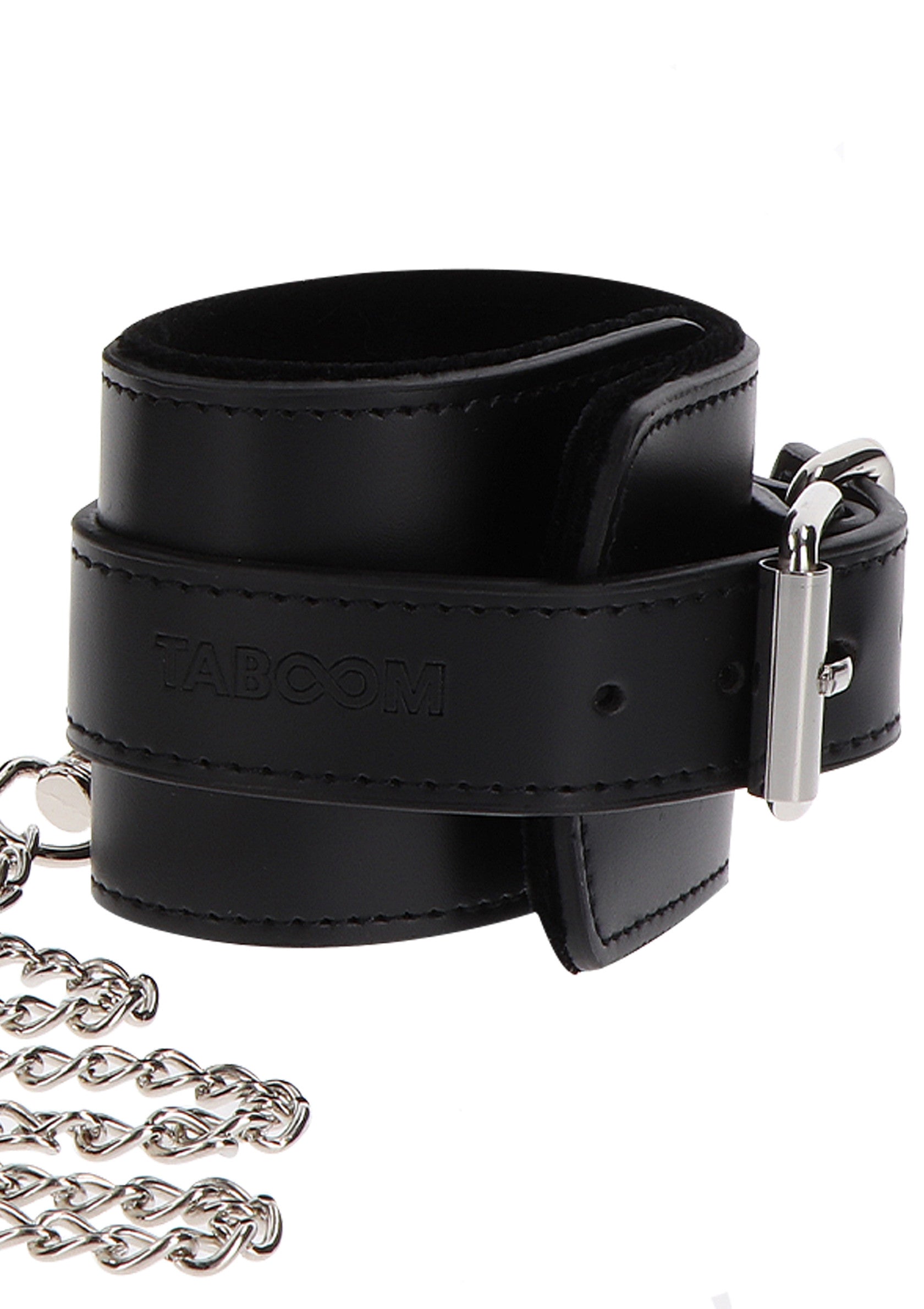 Menottes de poignet Taboom en cuir noir avec chaîne argentée. Accessoires pour adultes.; Taboom zwarte lederen polsboeien met zilveren ketting. Accessoires voor volwassenen.; Taboom black leather wrist cuffs with silver chain. Adult accessories.