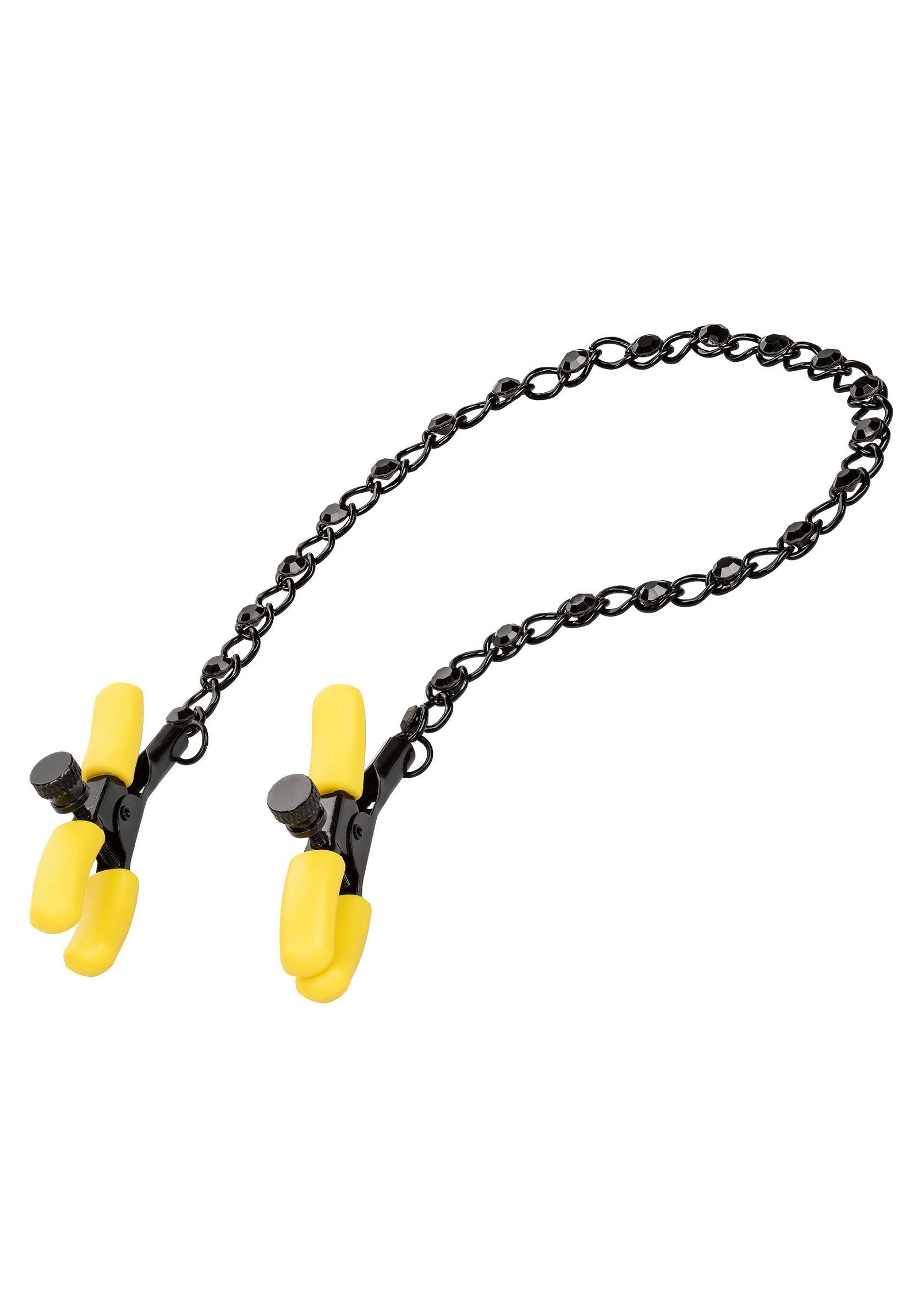 Pince téton avec chaîne noire et embouts jaunes pour une expérience sensuelle intense. Ajustable pour un confort personnalisé.; Tepelklemmen met zwarte ketting en gele uiteinden voor een intense sensuele ervaring. Verstelbaar voor persoonlijk comfort.; Nipple clamps with black chain and yellow tips for an intense sensual experience. Adjustable for a custom fit.