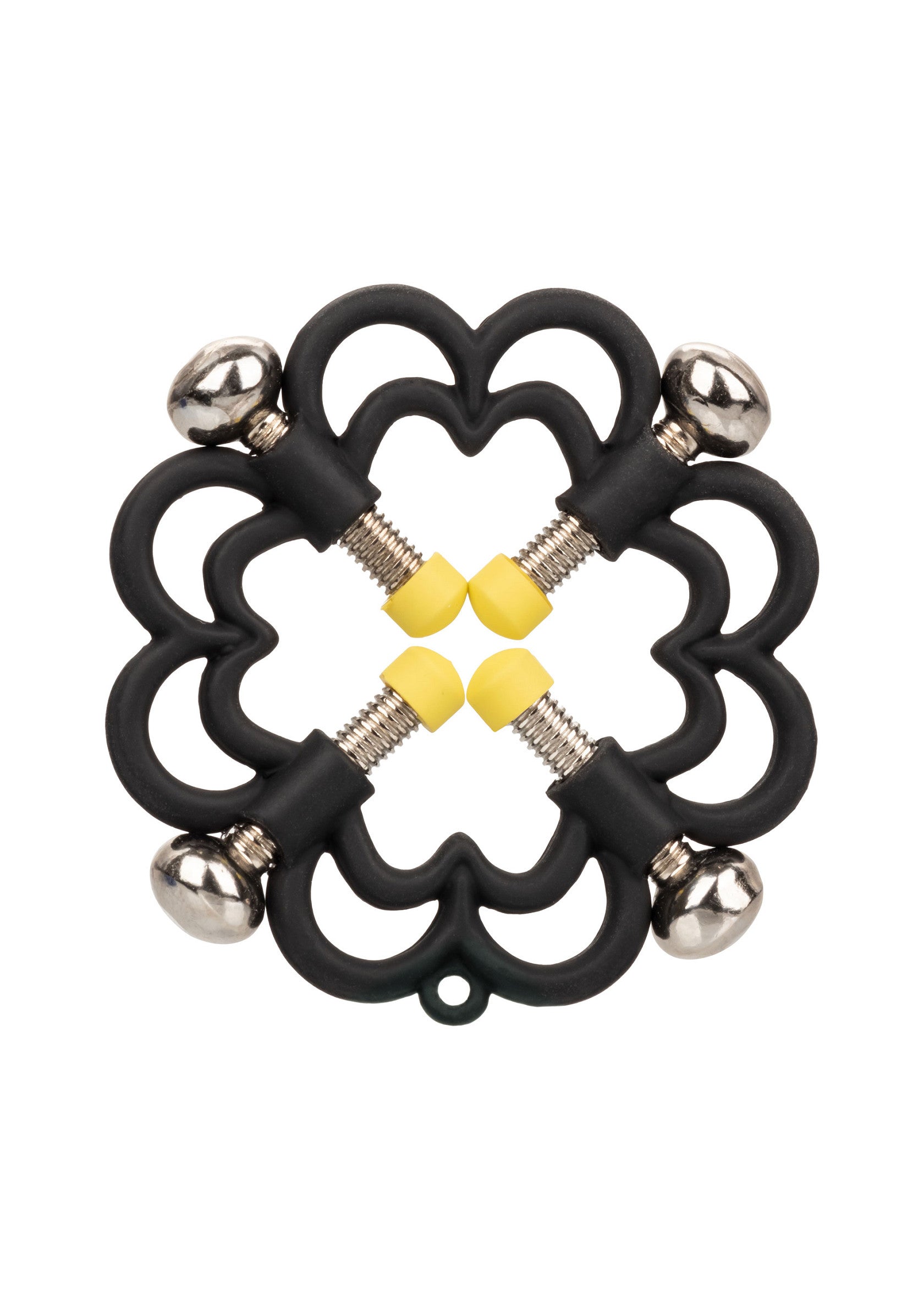 Pince mamelon décorative à quatre trèfles avec clochettes, pour jeux coquins.; Decoratieve tepelklem met vier klavers en belletjes, voor ondeugende spelletjes.; Decorative four-clover nipple clamp with bells, for naughty games.