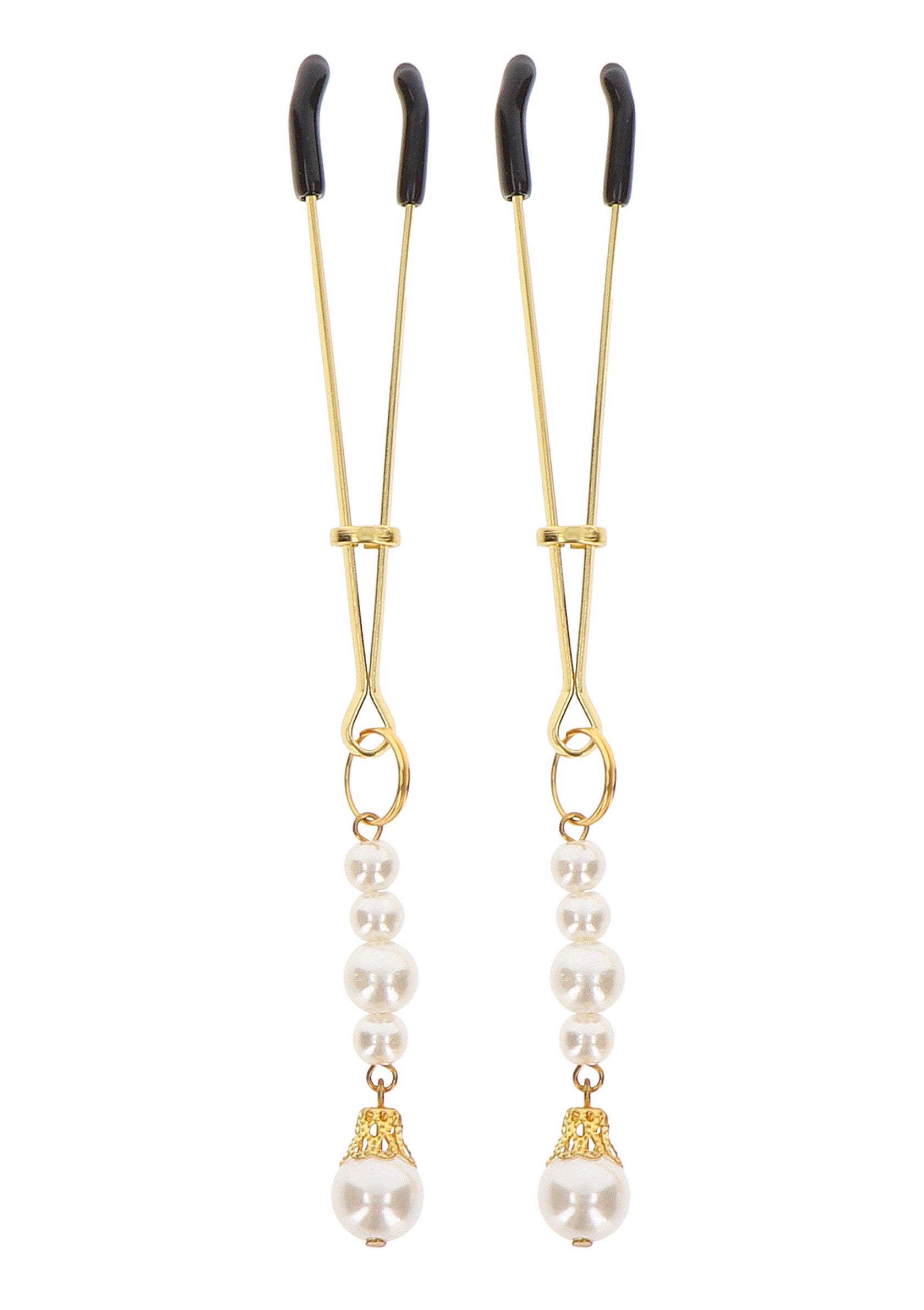 Pinces à tétons dorées avec pendentifs de perles pour une touche coquine et élégante.; Gouden tepelklemmen met parelhangers voor een ondeugende en elegante touch.; Gold nipple clamps with pearl dangles for a naughty and elegant touch.