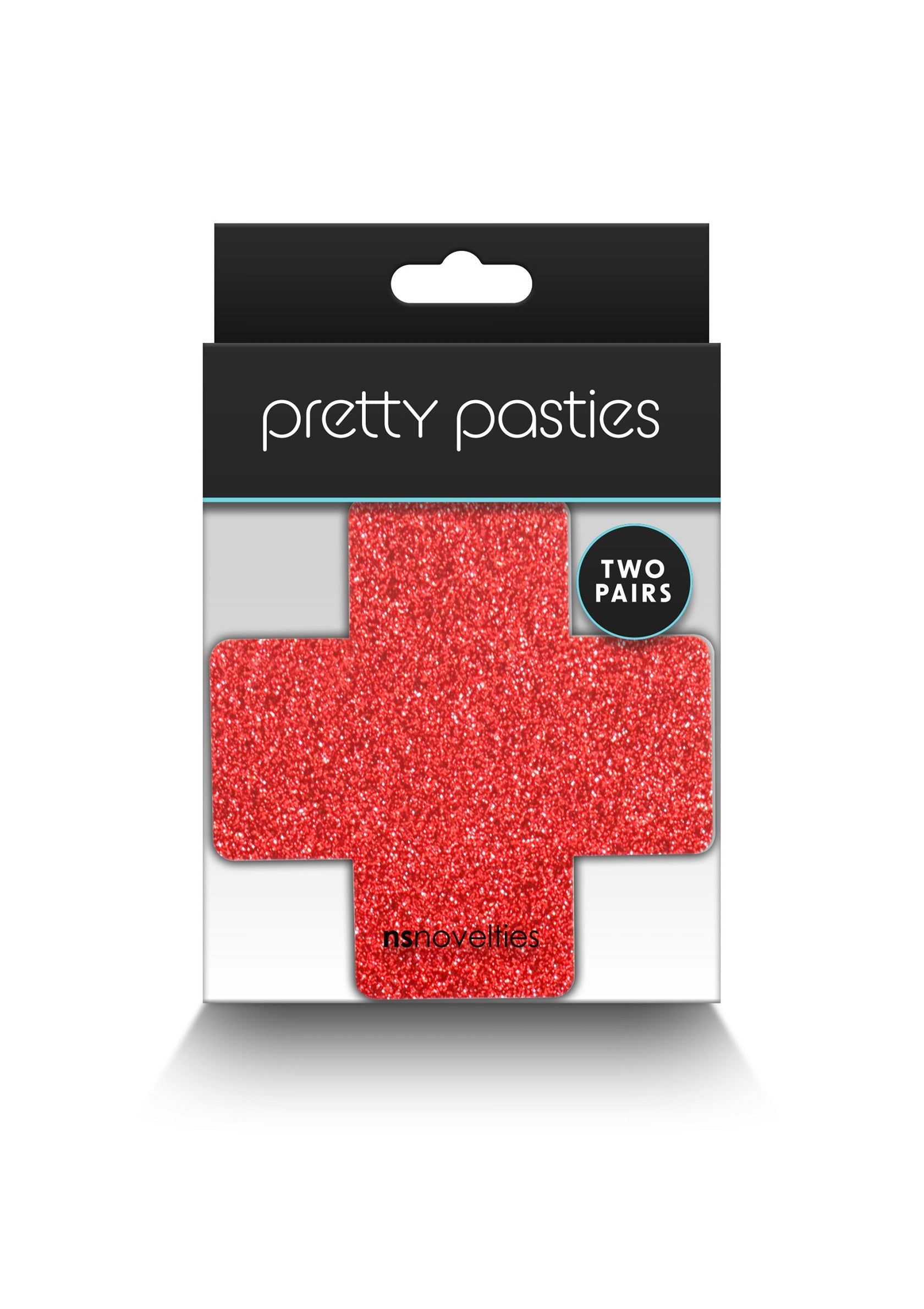 Cache-tétons Pretty Pasties en forme de croix rouge pailletée. Accessoire de mode coquin et festif. Deux paires incluses.; Pretty Pasties tepelplakkers in de vorm van een rood glitterkruis. Flirty en feestelijke mode-accessoire. Twee paar inbegrepen.; Pretty Pasties nipple covers in a red glitter cross shape. Flirty and festive fashion accessory. Two pairs included.