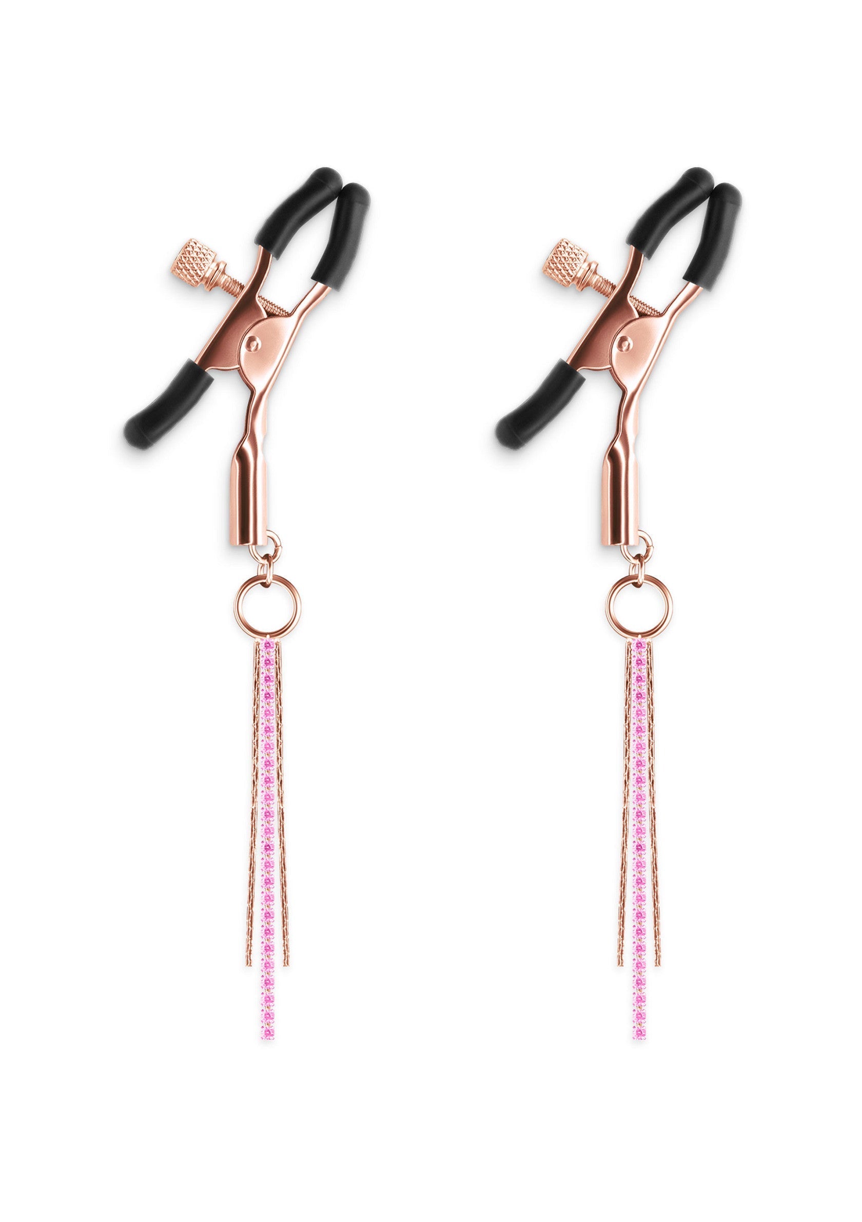 Pinces à tétons décoratives avec chaînes roses pour un plaisir sensuel.; Decoratieve tepelklemmen met roze kettingen voor sensueel genot.; Decorative nipple clamps with pink chains for sensual pleasure.