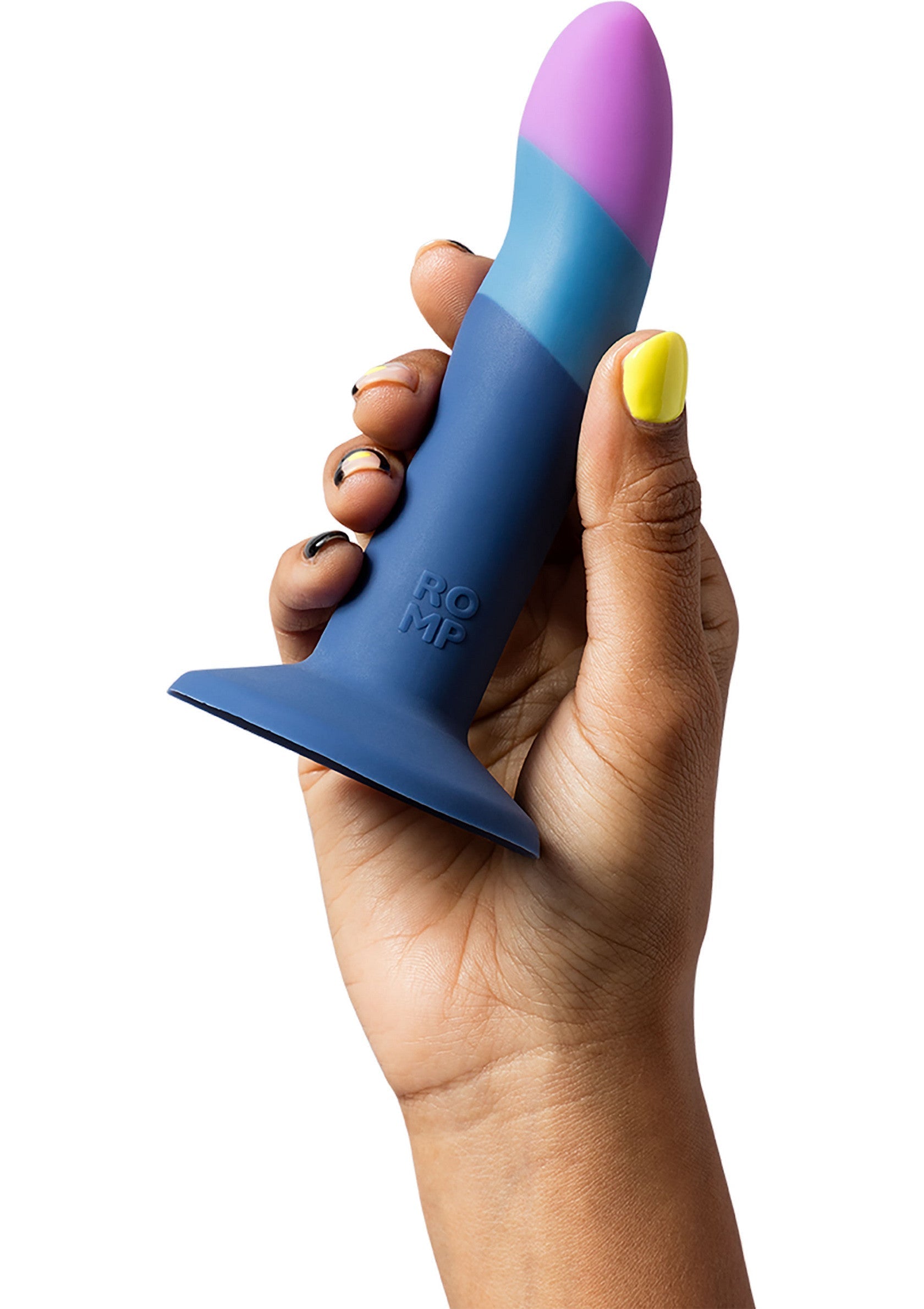 Plug anal ROMP en silicone tricolore bleu, lilas et turquoise, pour des sensations uniques et confortables.; ROMP siliconen buttplug in blauw, lila en turquoise, voor unieke en comfortabele sensaties. ; ROMP silicone butt plug in blue, lilac and turquoise, for unique and comfortable sensations. 