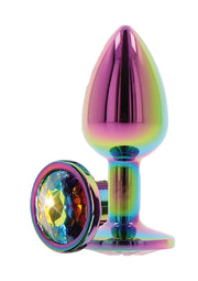 Plug anal bijou arc-en-ciel en métal avec pierre précieuse, pour un plaisir pétillant et élégant.; Regenboogkleurige metalen buttplug met juweel, voor sprankelend en elegant plezier.; Rainbow metal anal plug with jewel, for sparkling and elegant pleasure.