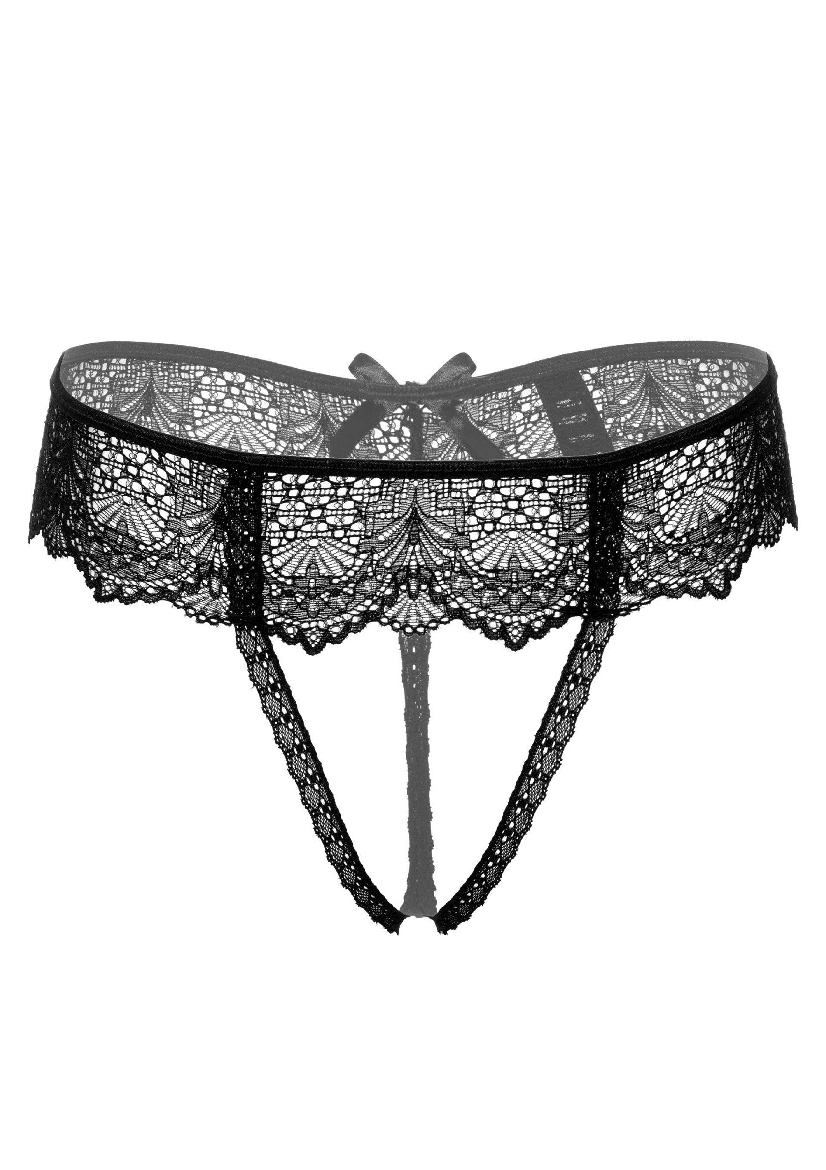 String ouvert en dentelle noire avec un nœud délicat pour une touche séduisante.; Zwarte kanten string met open kruis en een subtiele strik voor een verleidelijke touch.; Black lace open string with a delicate bow for a seductive touch.