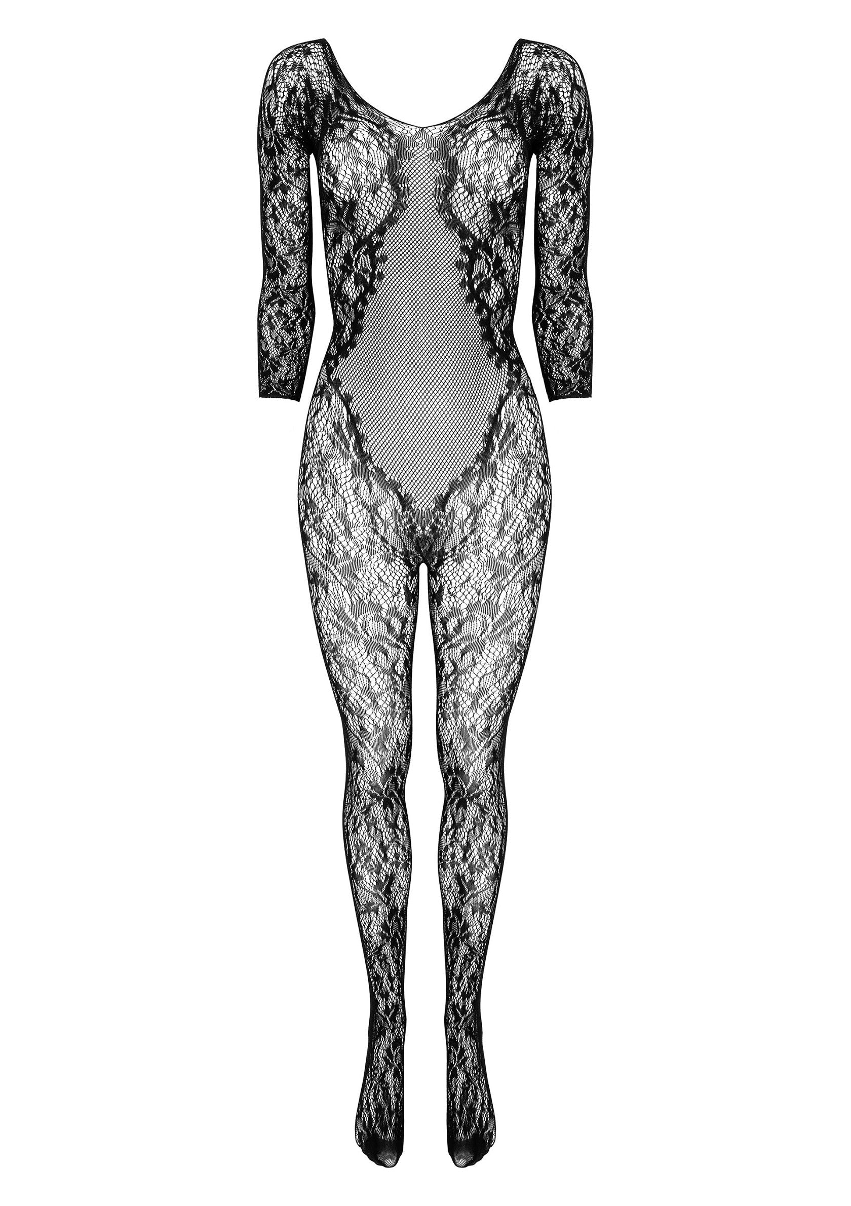 Body en dentelle noire, manches 3/4. Lingerie fine et élégante, idéale pour une soirée spéciale.; Zwarte kanten body met 3/4 mouwen. Elegante lingerie, perfect voor een speciale avond.; Black lace bodysuit with 3/4 sleeves. Elegant lingerie, perfect for a special evening.