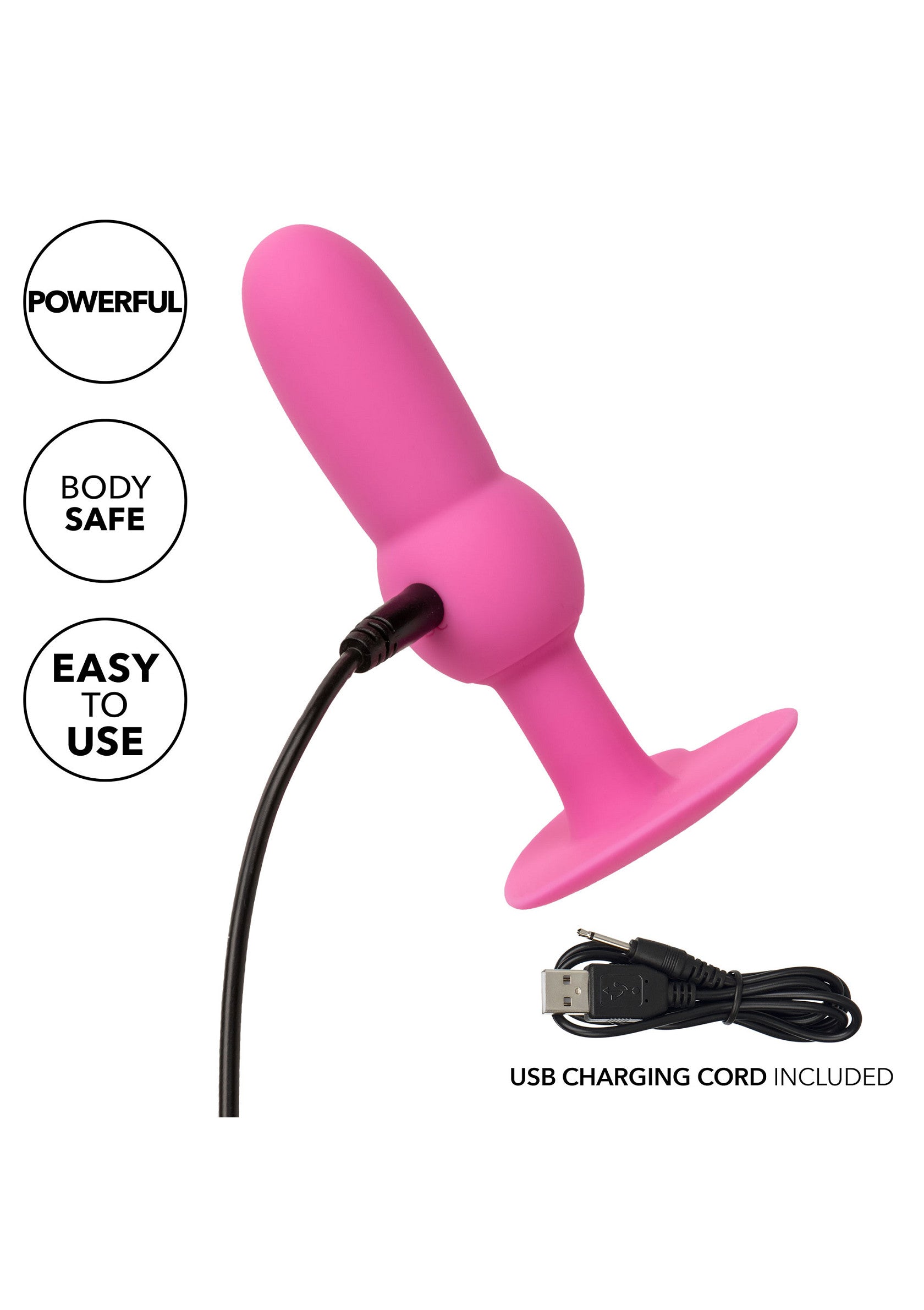 Plug anal rose rechargeable par USB, puissant, sûr et facile à utiliser.; Roze anale plug, oplaadbaar via USB, krachtig, veilig en makkelijk in gebruik.; Pink anal plug, USB rechargeable, powerful, body safe, and easy to use.