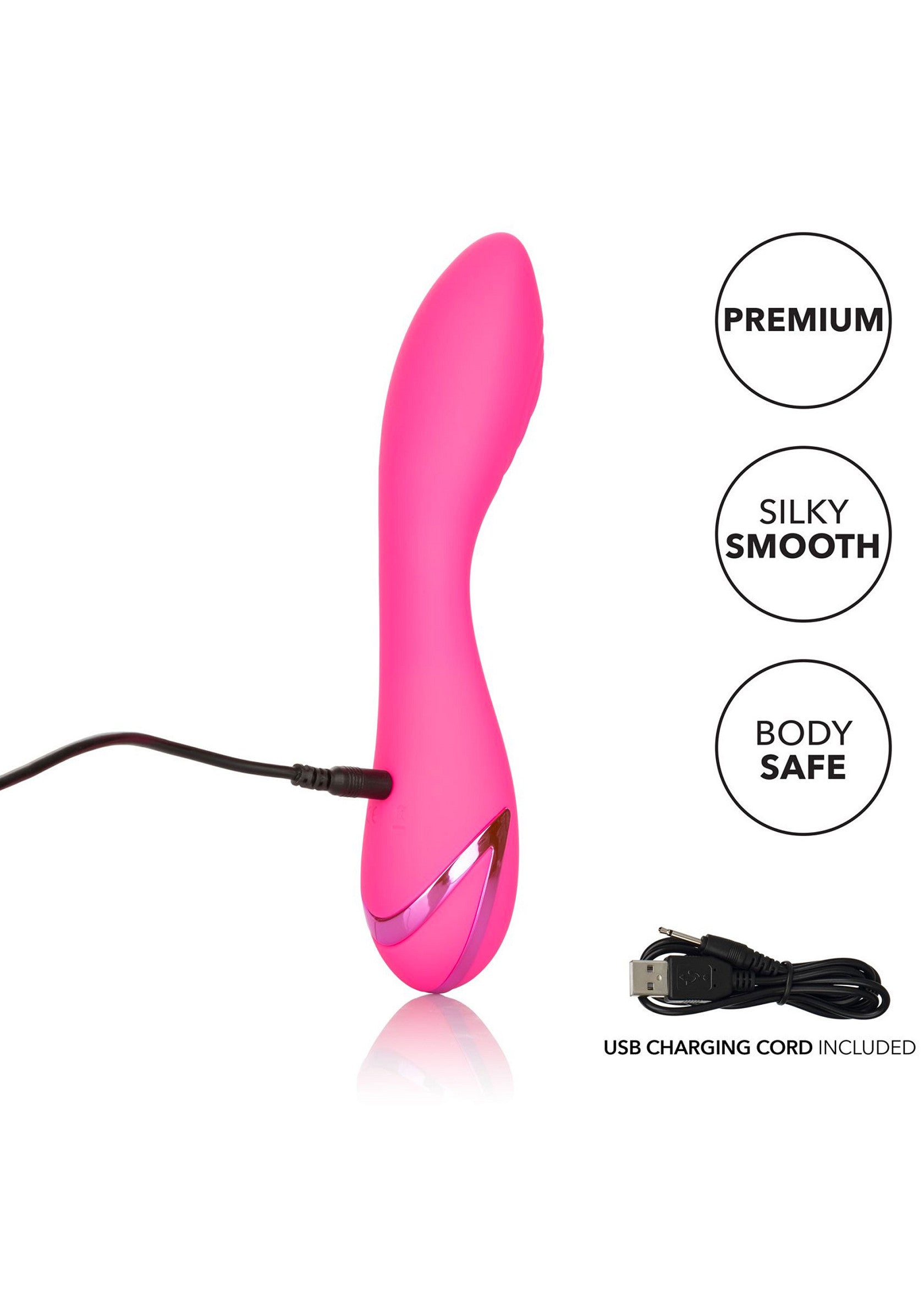 Vibromasseur rechargeable rose, doux et sûr pour le corps, avec cordon USB inclus.; Roze oplaadbare vibrator, zijdezacht en veilig voor het lichaam, met USB-kabel inbegrepen.; Pink rechargeable vibrator, silky smooth and body-safe, with USB charging cord included.