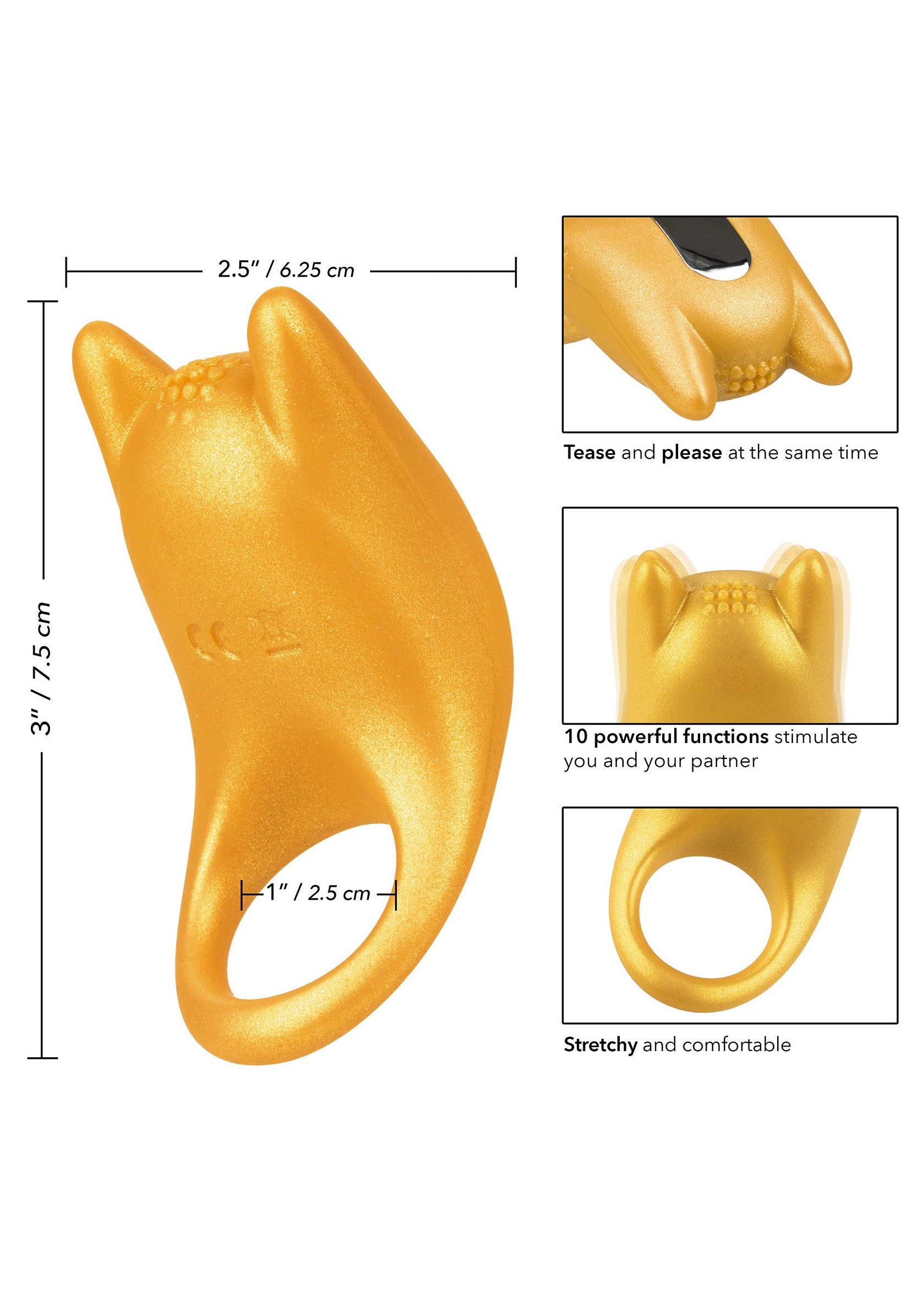 Anneau vibrant doré avec 10 fonctions puissantes pour stimuler vous et votre partenaire. Confortable et extensible.; Gouden vibrerende ring met 10 krachtige functies om jou en je partner te stimuleren. Comfortabel en rekbaar.; Gold vibrating ring with 10 powerful functions to stimulate you and your partner. Stretchy and comfortable.