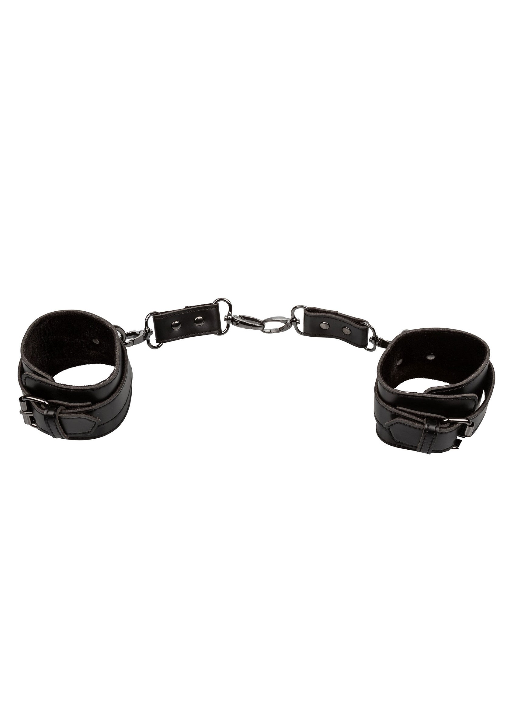 Menottes en cuir noir avec chaînes. Accessoire de jeu de rôle pour adultes.; Zwarte leren handboeien met kettingen. Rollenspelaccessoire voor volwassenen.; Black leather handcuffs with chains. Adult roleplay accessory.