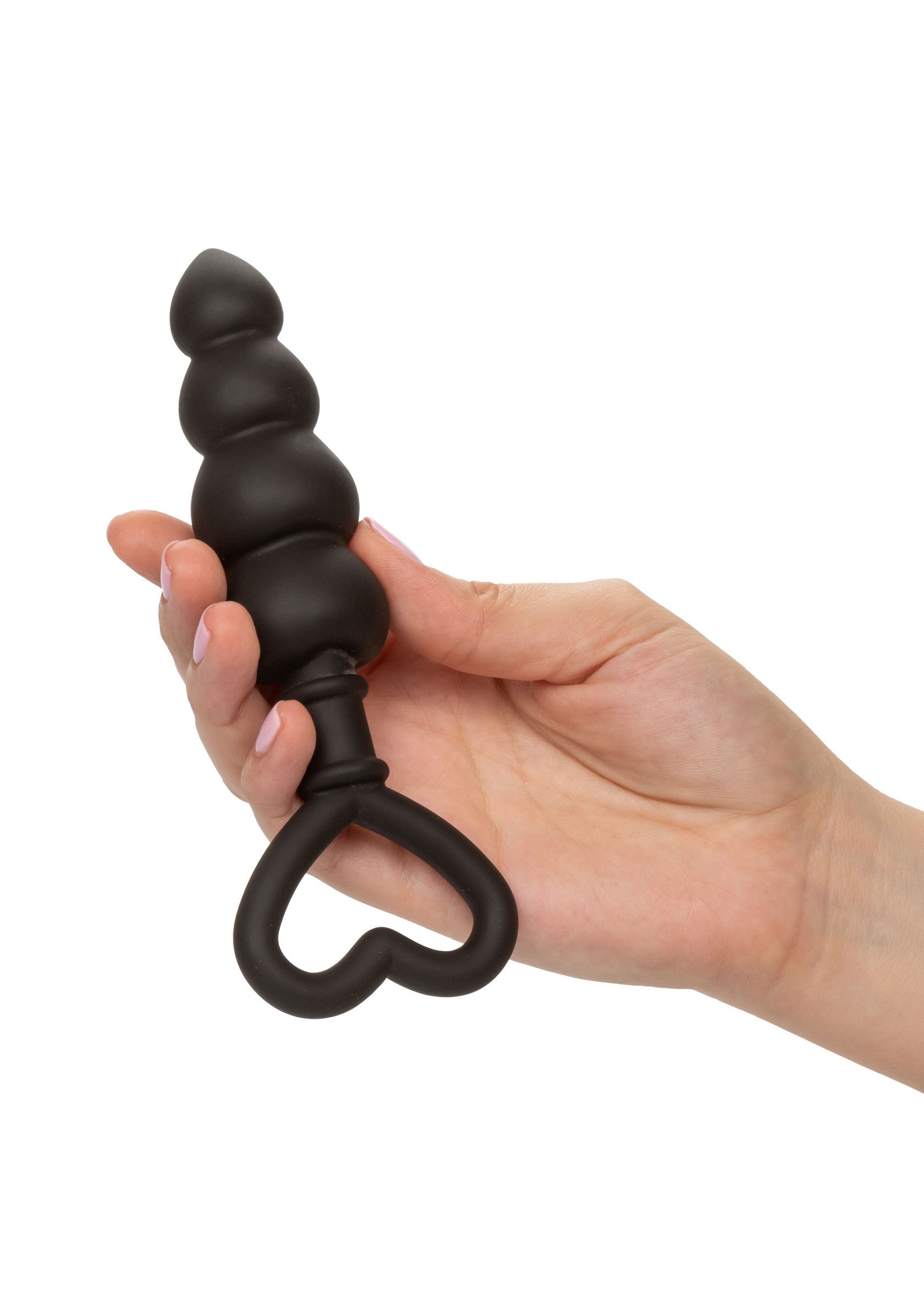 Plug anal noir à spirales avec poignée en forme de coeur pour le plaisir anal.; Zwarte anale plug met spiralen en hartvormige handgreep voor anale stimulatie.; Black anal plug with spirals and a heart-shaped handle for anal pleasure.