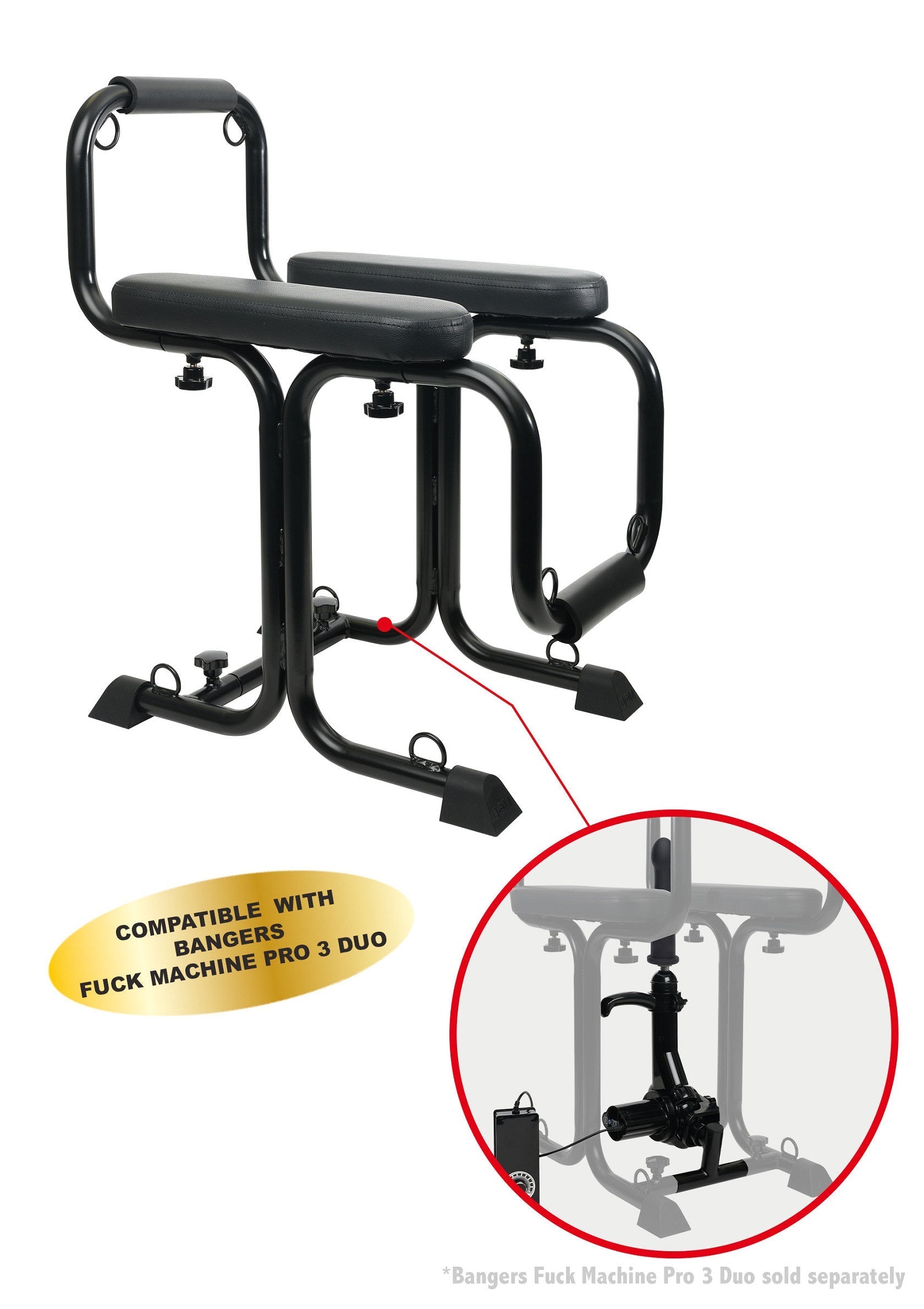 Chaise de position noire compatible avec Bangers Fuck Machine Pro 3 Duo pour des expériences sexuelles intenses.; Zwarte positie stoel compatibel met Bangers Fuck Machine Pro 3 Duo voor intense seksuele ervaringen.; Black position chair compatible with Bangers Fuck Machine Pro 3 Duo for intense sexual experiences.