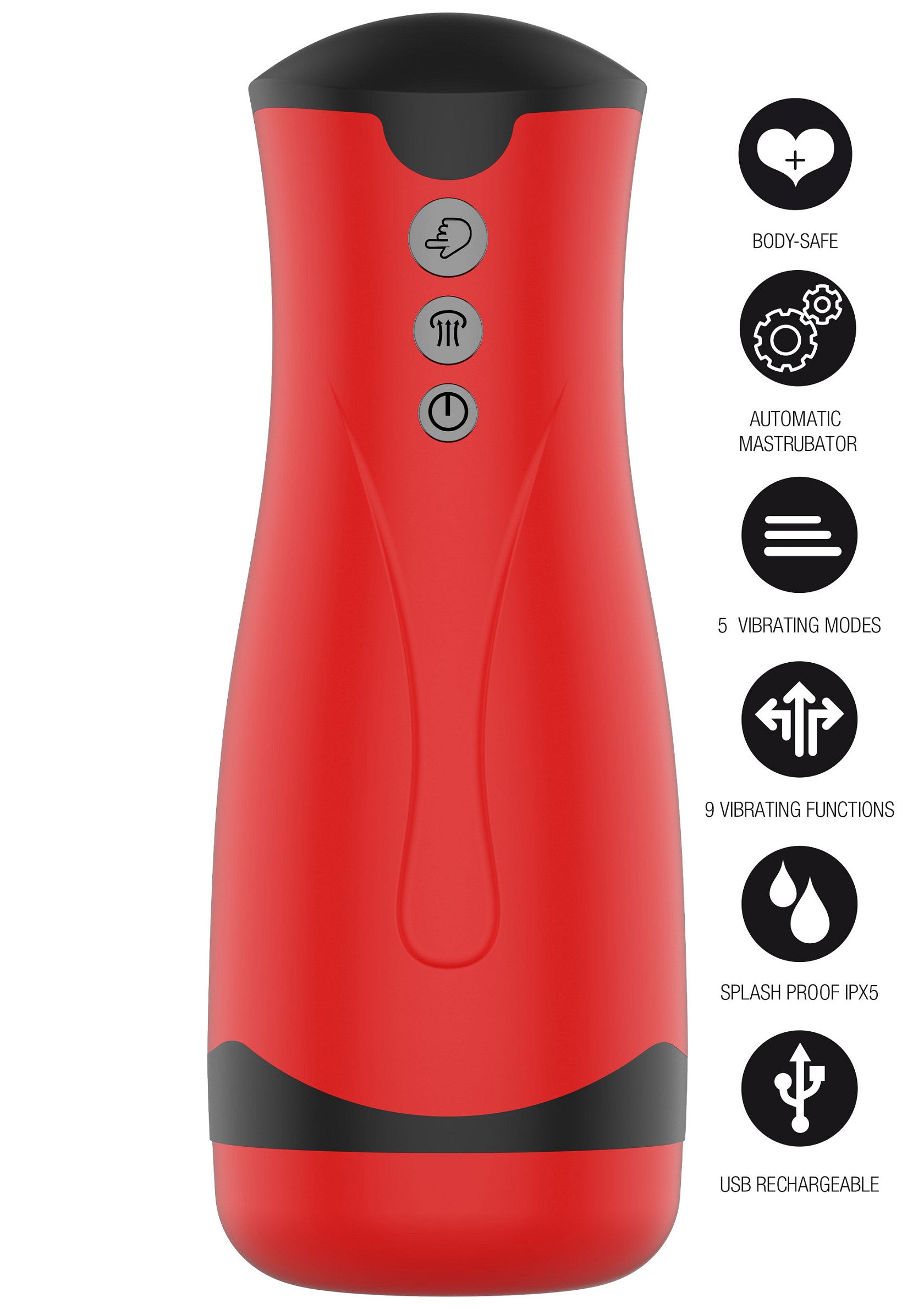 Masturbateur automatique rouge et noir, rechargeable USB, étanche IPX5, plusieurs modes de vibration.; Rode en zwarte automatische masturbator, USB oplaadbaar, IPX5 waterdicht, meerdere vibratiestanden.; Red and black automatic masturbator, USB rechargeable, IPX5 waterproof, multiple vibration modes.