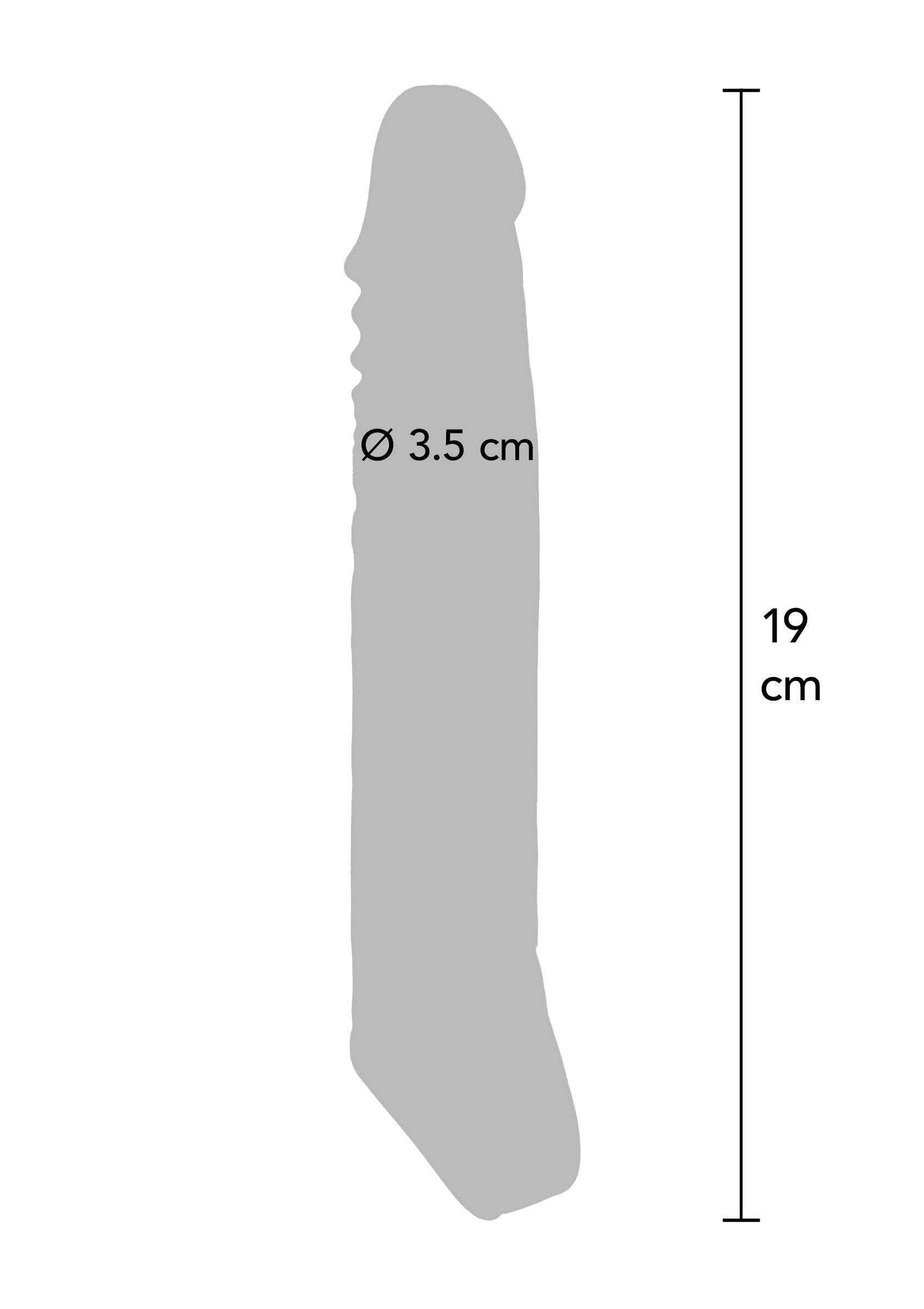 Forme et dimensions d'un sextoy réaliste : longueur 19 cm, diamètre 3,5 cm. Explorez le plaisir avec des courbes et une texture conçues pour la satisfaction.; Vorm en afmetingen van een realistisch seksspeeltje: lengte 19 cm, diameter 3,5 cm. Ontdek genot met rondingen en textuur ontworpen voor bevrediging.; Realistic sex toy shape & dimensions: 19 cm length, 3.5 cm diameter. Explore pleasure with curves and texture designed for satisfaction.