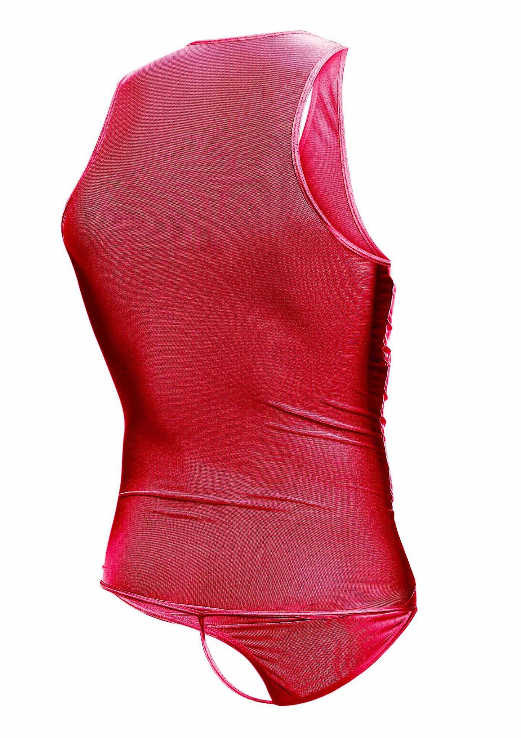 Body rouge sans manches en maille transparente, coupe échancrée. Sexy et audacieux!; Mouwloze rode body van transparant mesh, hoge uitsnijding. Sexy en gedurfd!; Sleeveless red bodysuit in sheer mesh, high cut design. Sexy and daring!