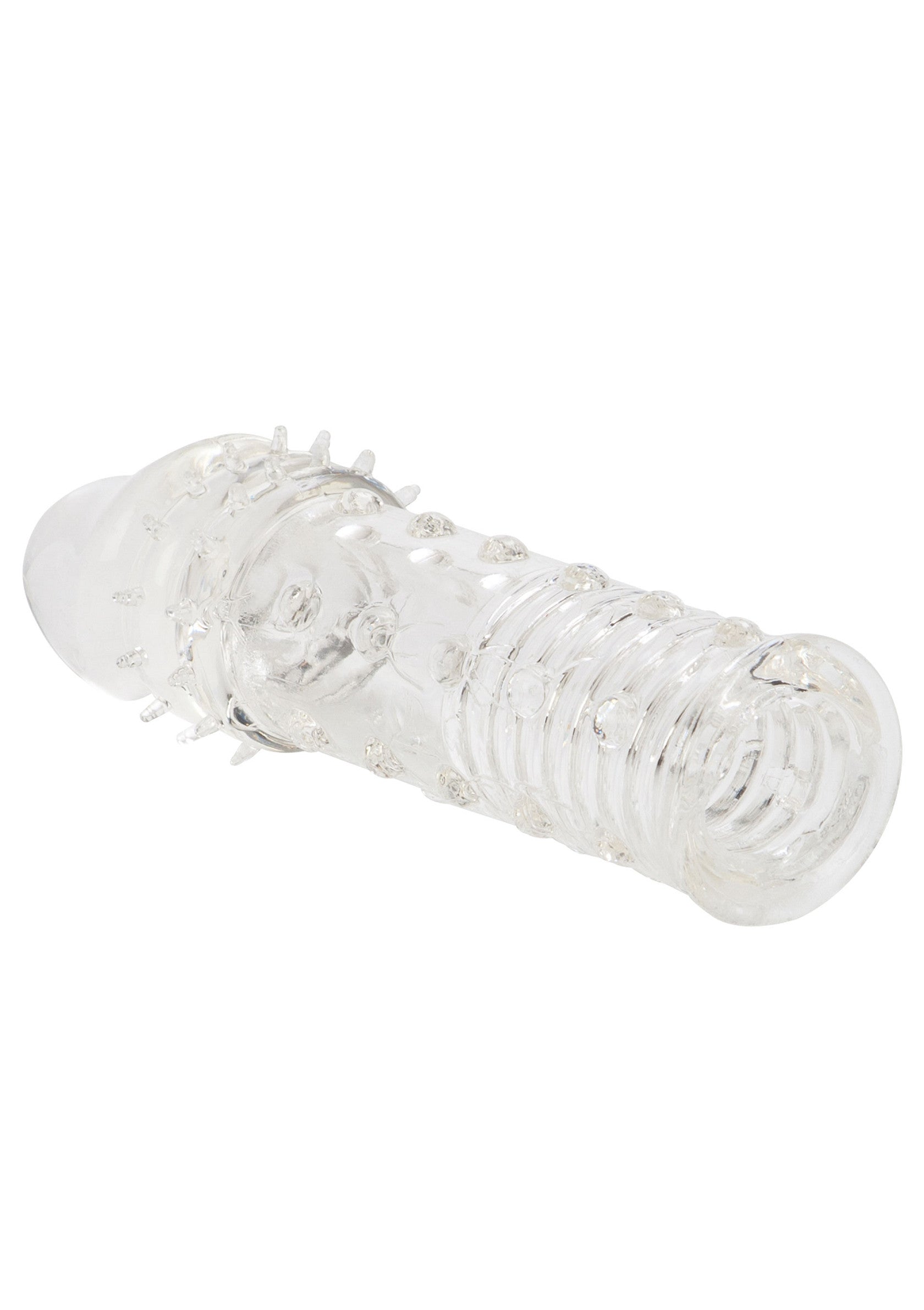 Améliorez le plaisir avec ce manchon pénien texturé transparent pour une stimulation accrue.; Verhoog het plezier met deze transparante, getextureerde peniskoker voor extra stimulatie.; Enhance pleasure with this clear textured penis sleeve for increased stimulation.