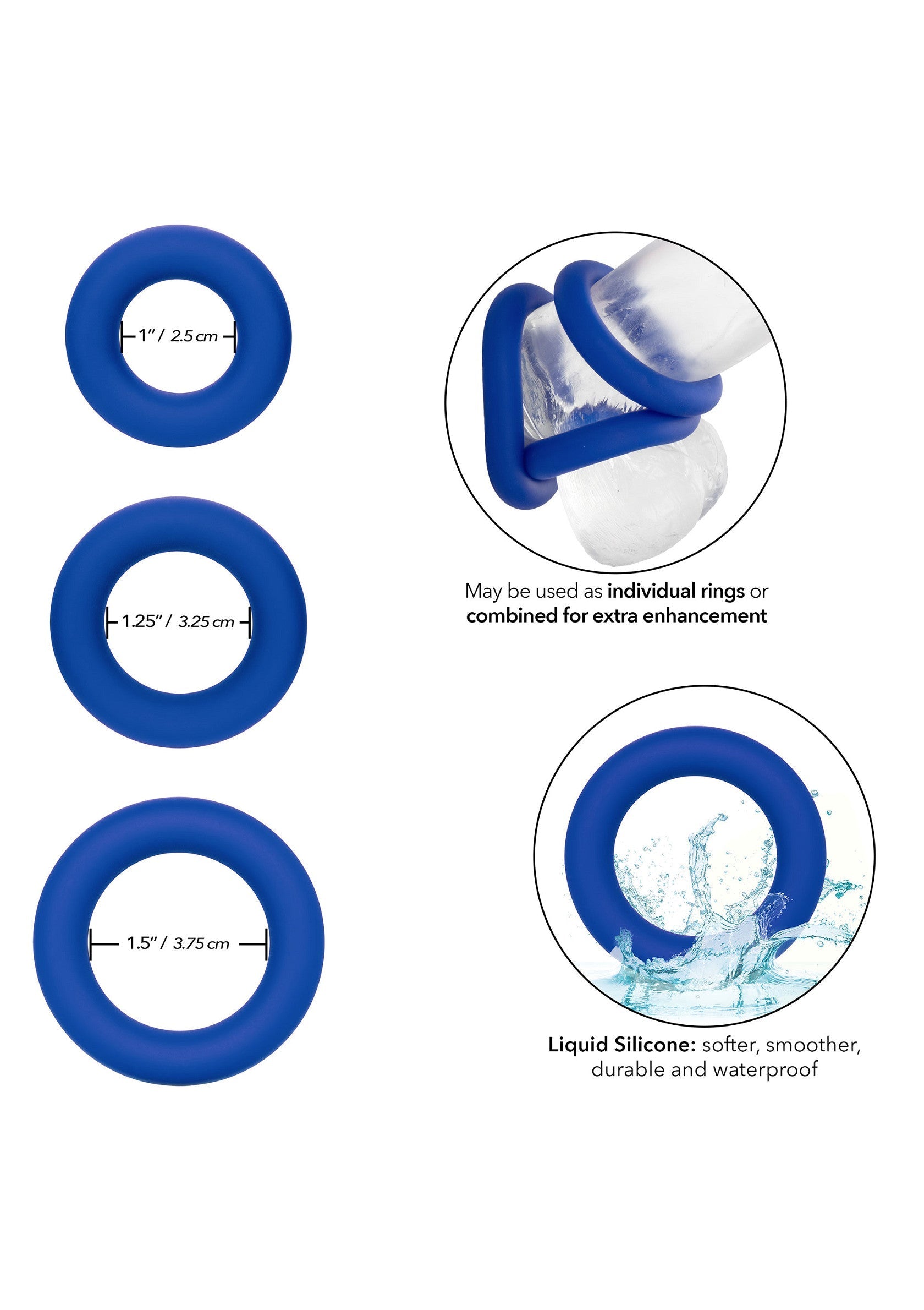 Anneaux péniens en silicone liquide bleu, doux, lisses, durables et imperméables pour un meilleur plaisir.; Blauwe vloeibare siliconen penisringen, zacht, glad, duurzaam en waterdicht voor meer plezier.; Blue liquid silicone cock rings, soft, smooth, durable and waterproof for enhanced pleasure.